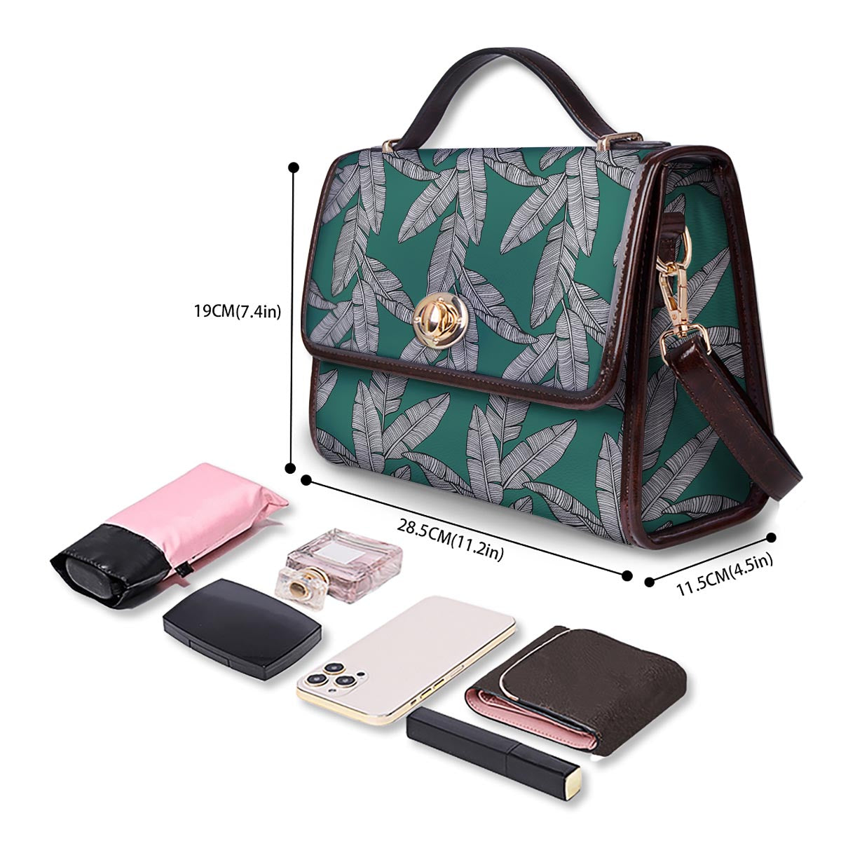 Banana Leaves Teal Print Pattern Women's Satchel Bag - Image 4