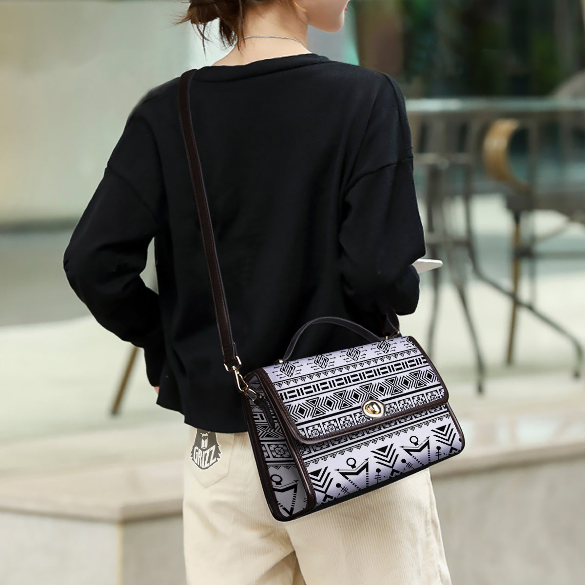 Aztec Grey And White Print Pattern Women's Satchel Bag - Image 3