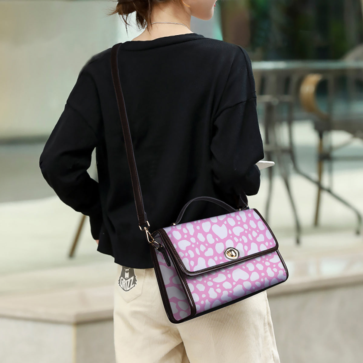 Cow Pink And White Print Pattern Women's Satchel Bag - Image 3