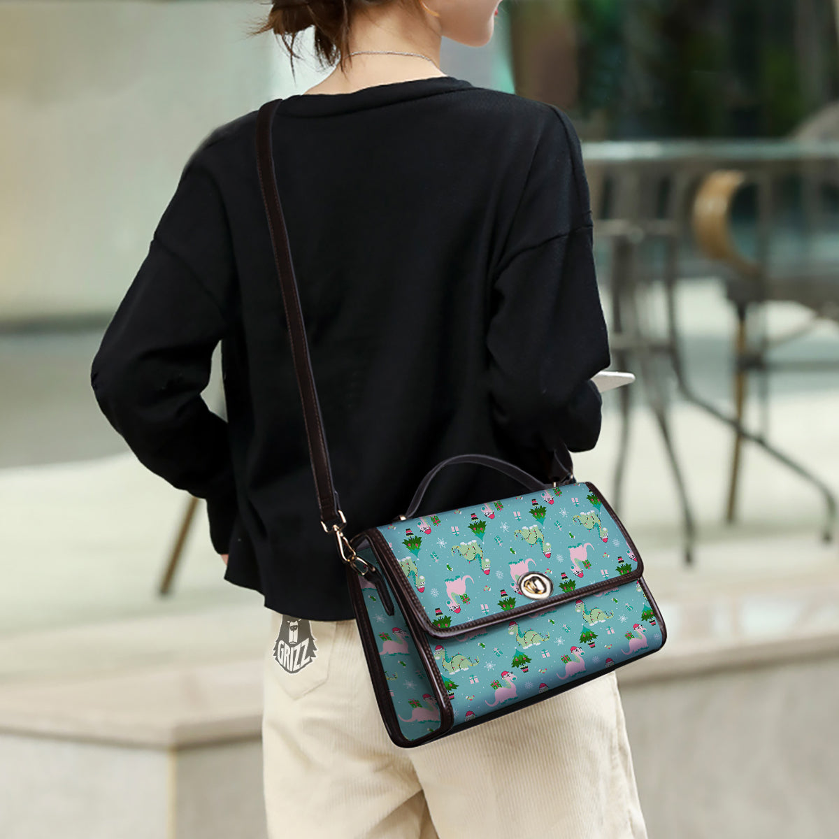 Dinosaur Xmas Print Pattern Women's Satchel Bag - Image 3