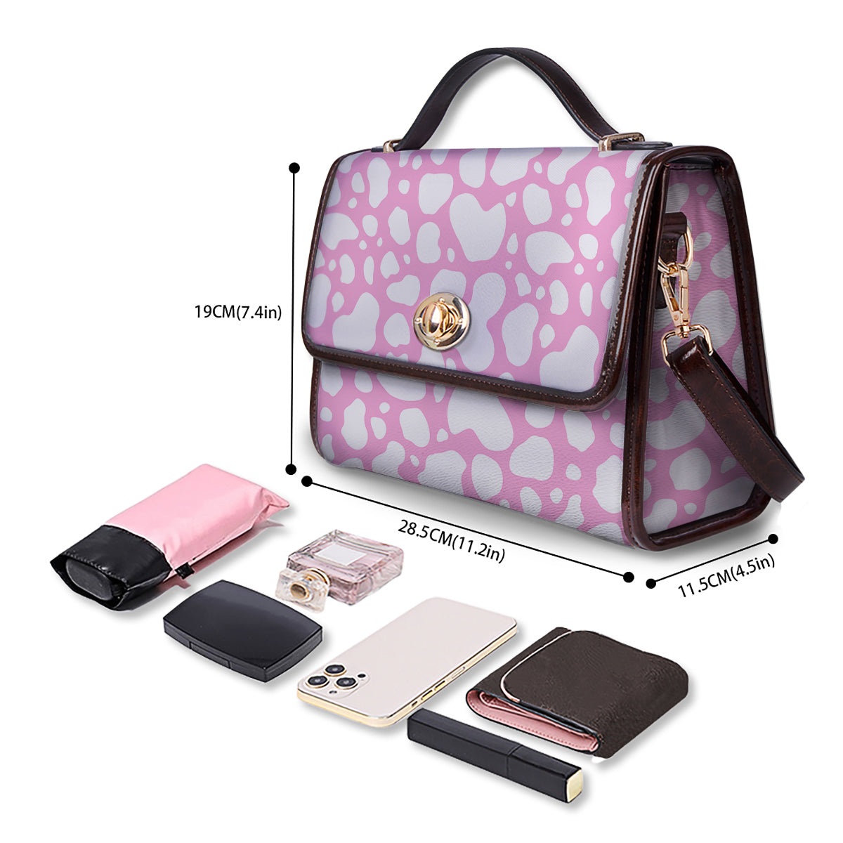 Cow Pink And White Print Pattern Women's Satchel Bag - Image 4