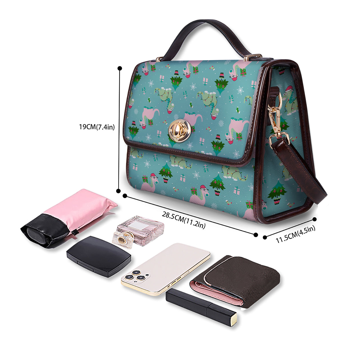 Dinosaur Xmas Print Pattern Women's Satchel Bag - Image 4