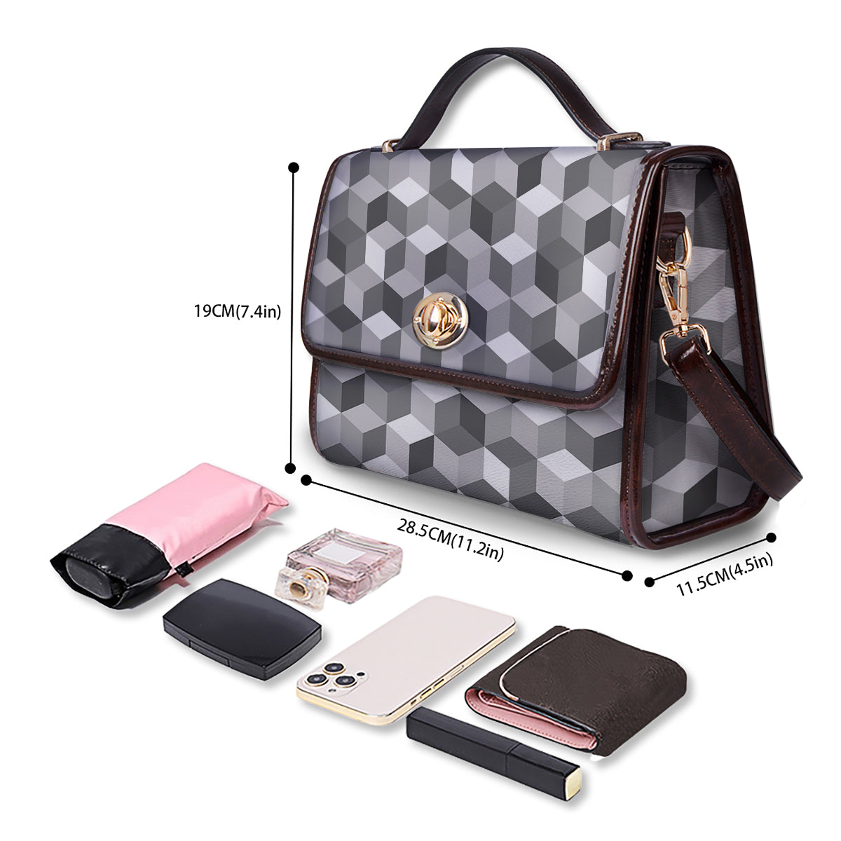 Cube Geometric Shape White Print Pattern Women's Satchel Bag - Image 4