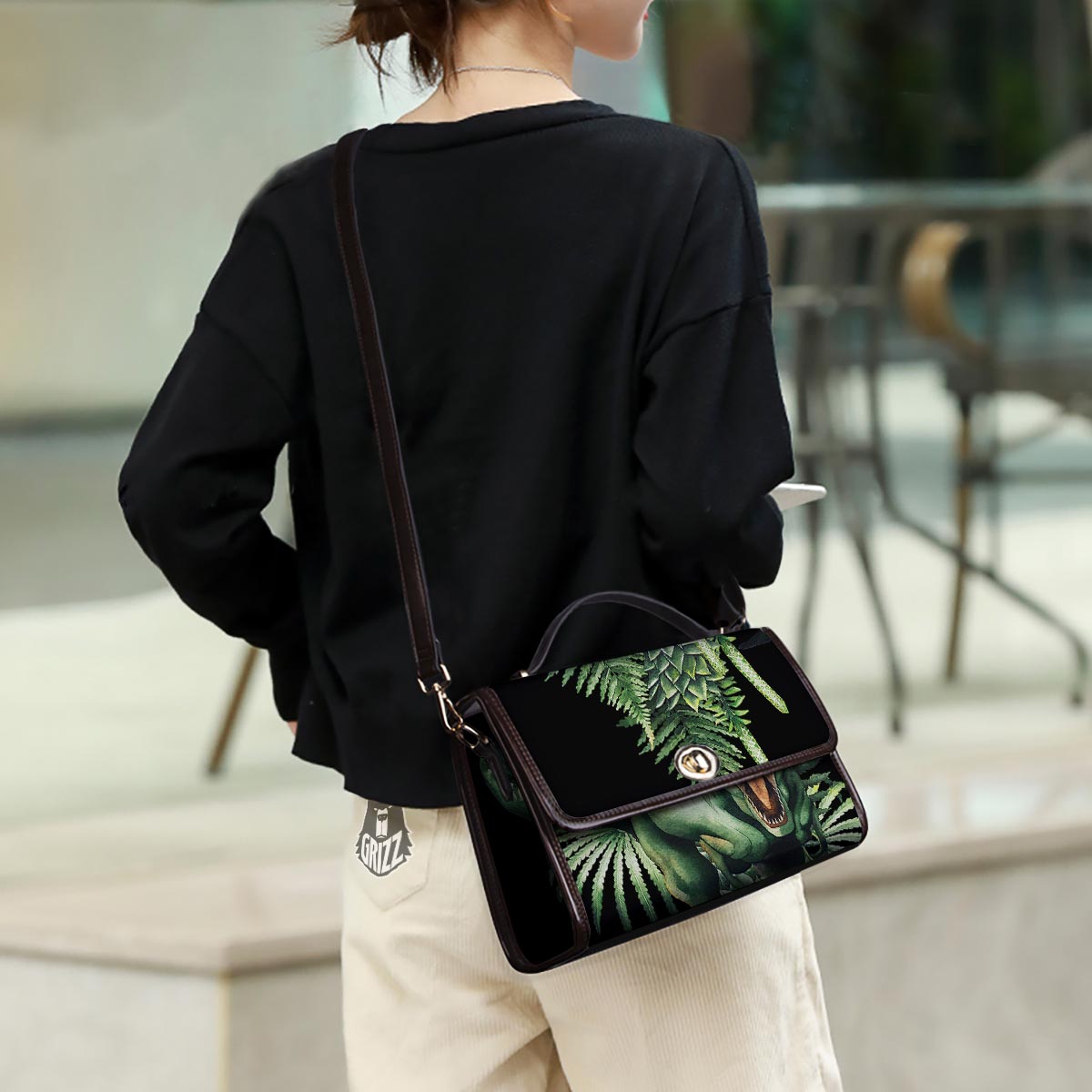 Dinosaur T Rex And Jurassic Plants Print Women's Satchel Bag - Image 3