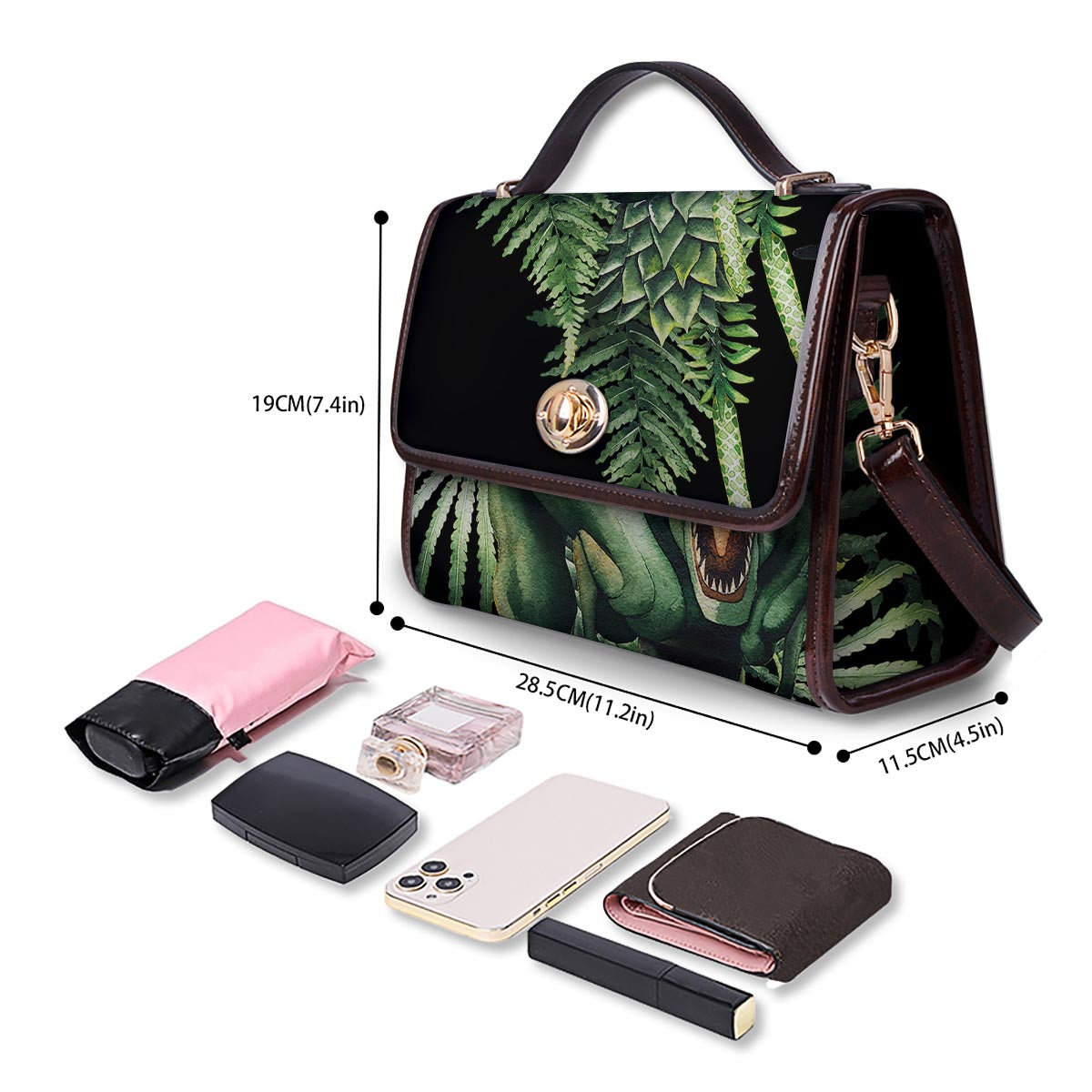 Dinosaur T Rex And Jurassic Plants Print Women's Satchel Bag - Image 4