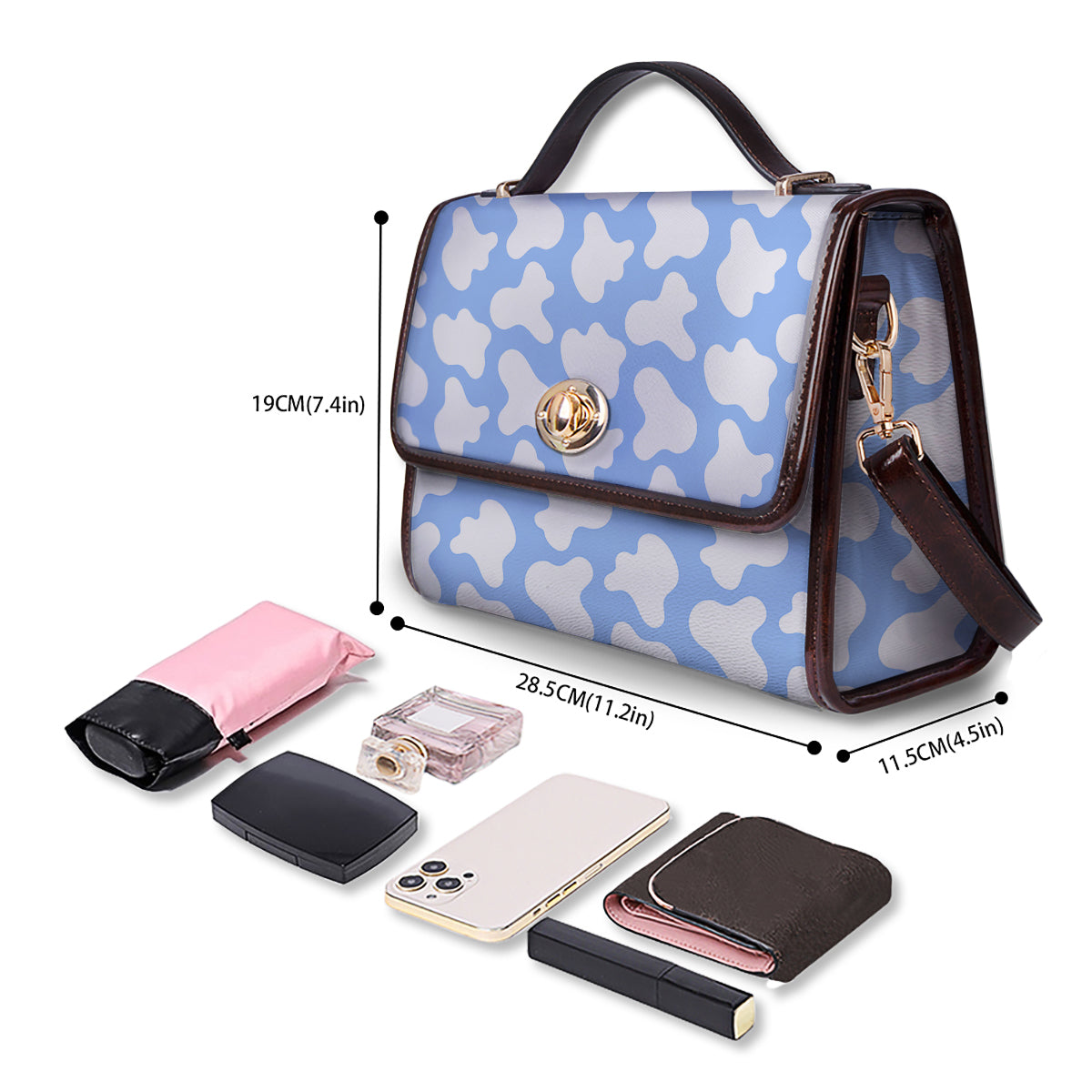 Cow Blue And White Print Pattern Women's Satchel Bag - Image 4