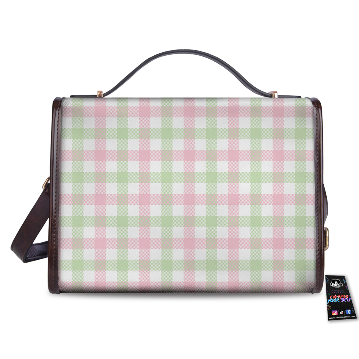 Buffalo Plaid White Pink And Green Print Pattern Women's Satchel Bag - Image 2