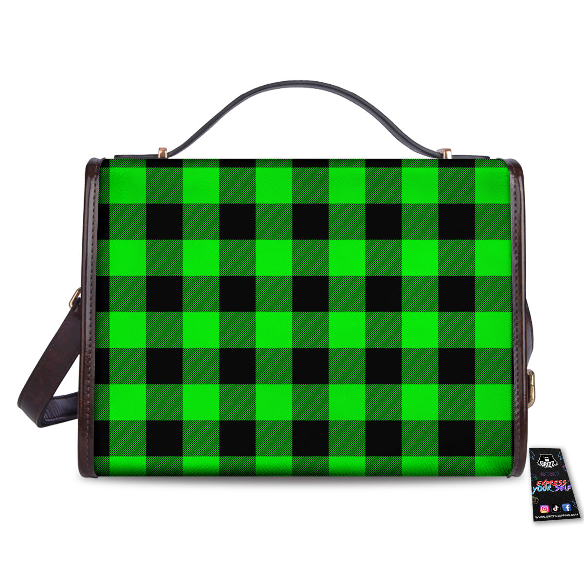 Buffalo Plaid UFO Green Print Pattern Women's Satchel Bag - Image 2