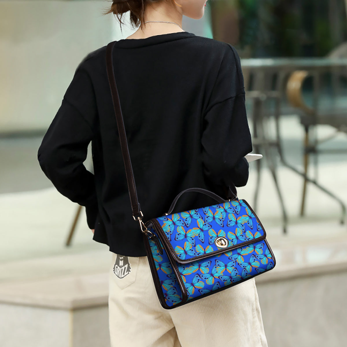 Butterfly Blue Watercolor Print Pattern Women's Satchel Bag - Image 3