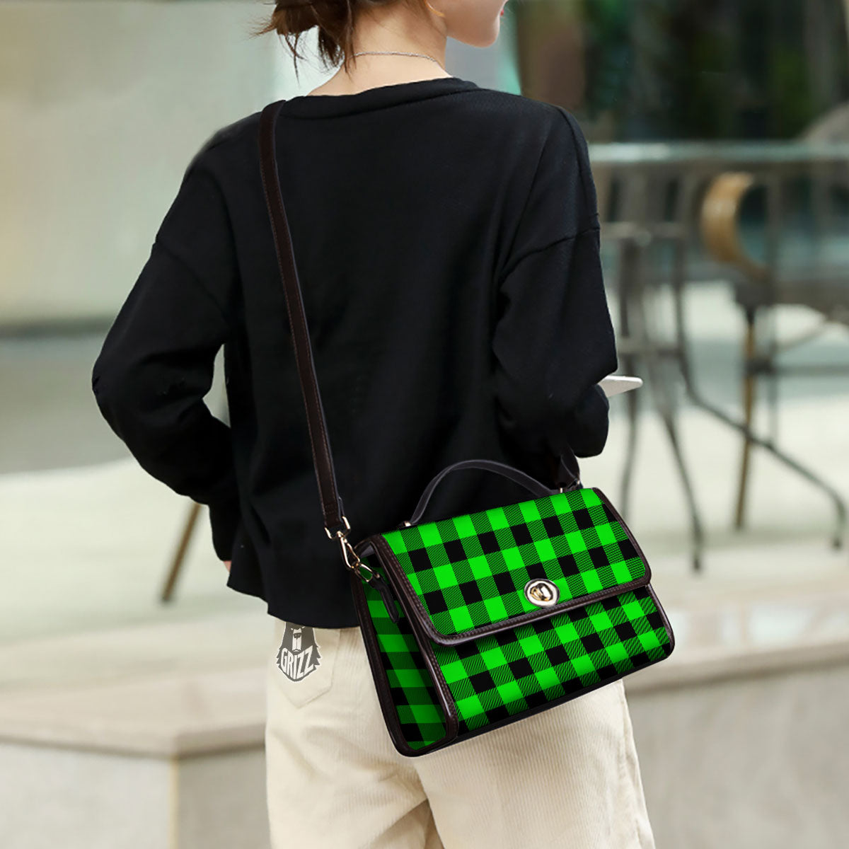 Buffalo Plaid UFO Green Print Pattern Women's Satchel Bag - Image 3