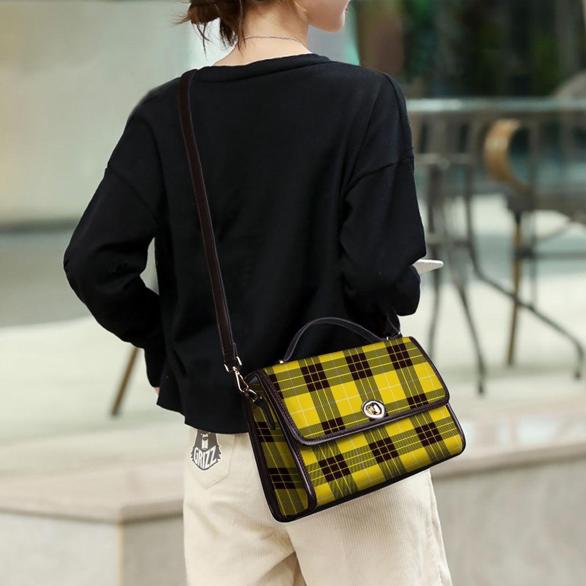 Buffalo Plaid Yellow Print Pattern Women's Satchel Bag - Image 3