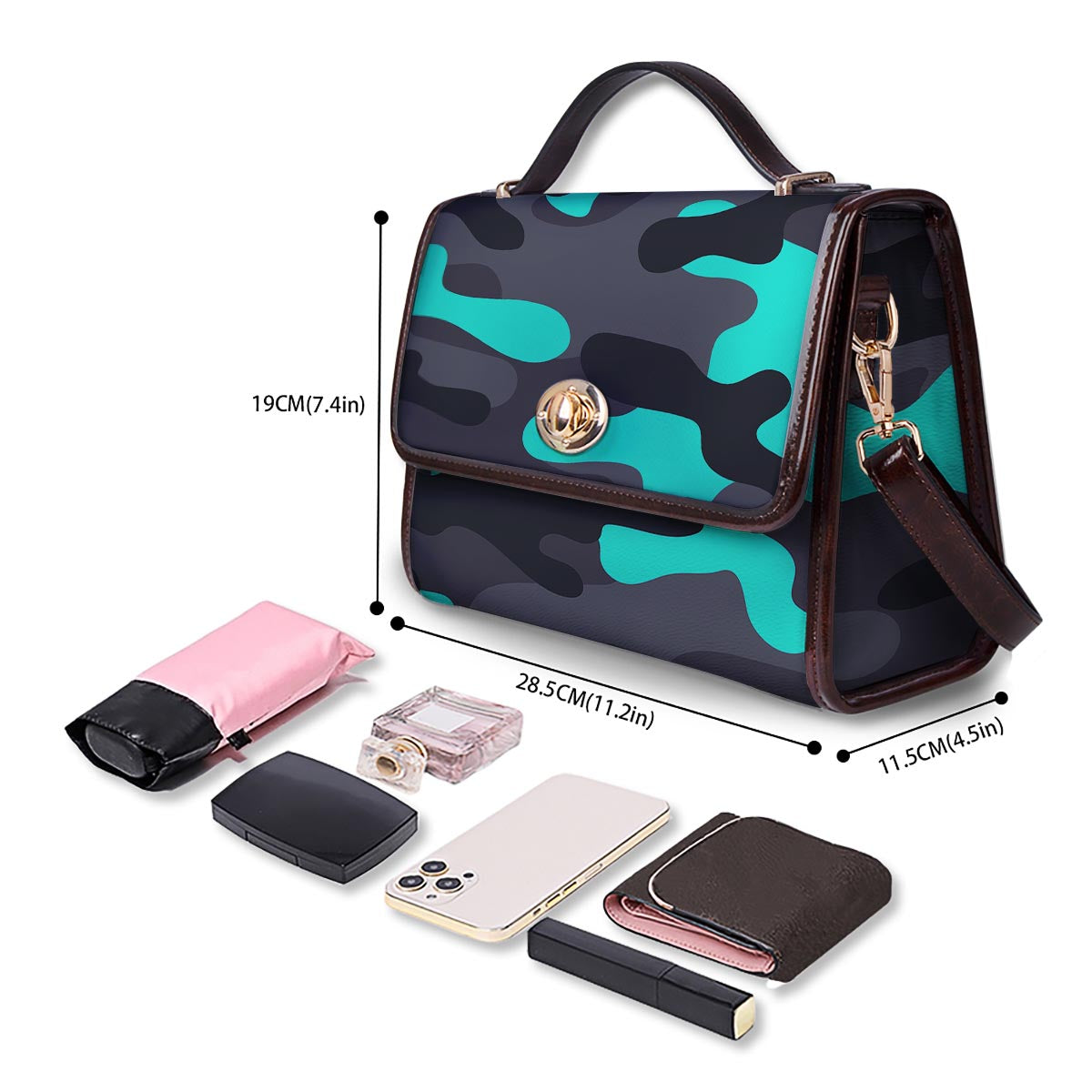 Camouflage Black And Teal Print Women's Satchel Bag - Image 4
