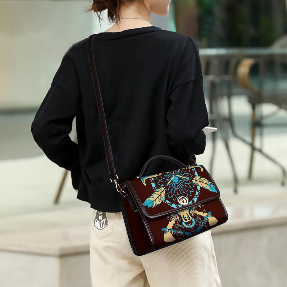 Bull Skull Indian Tribal Print Women's Satchel Bag - Image 3