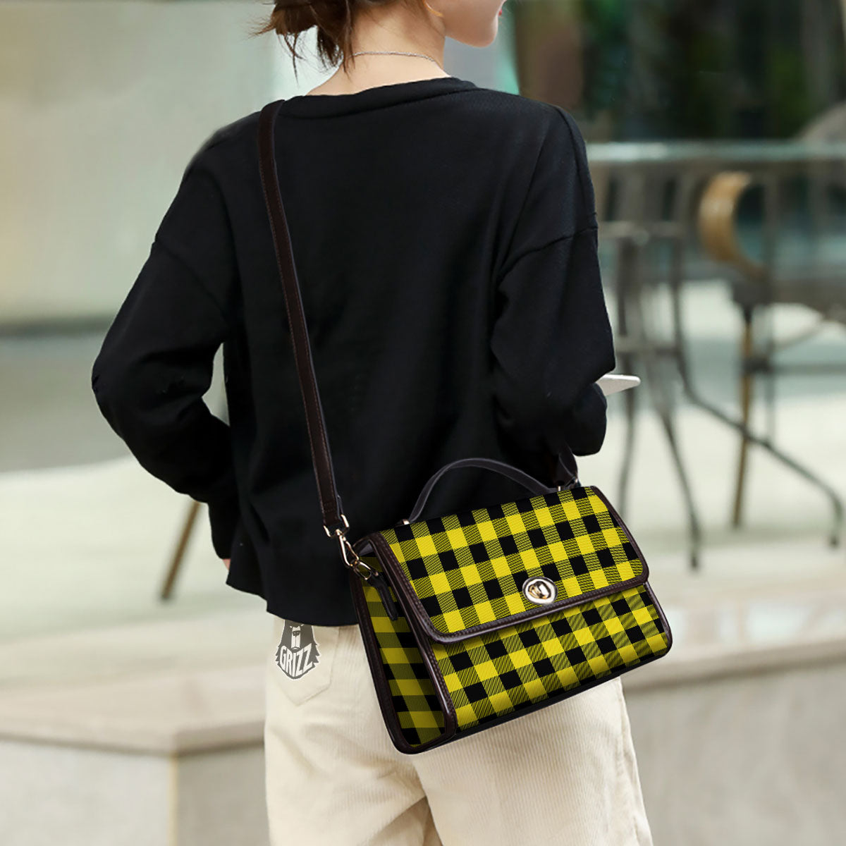 Buffalo Check Yellow And Black Print Pattern Women's Satchel Bag - Image 3