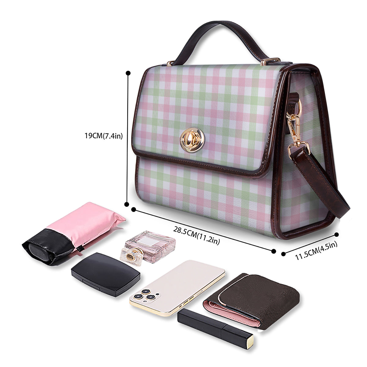 Buffalo Plaid White Pink And Green Print Pattern Women's Satchel Bag - Image 4