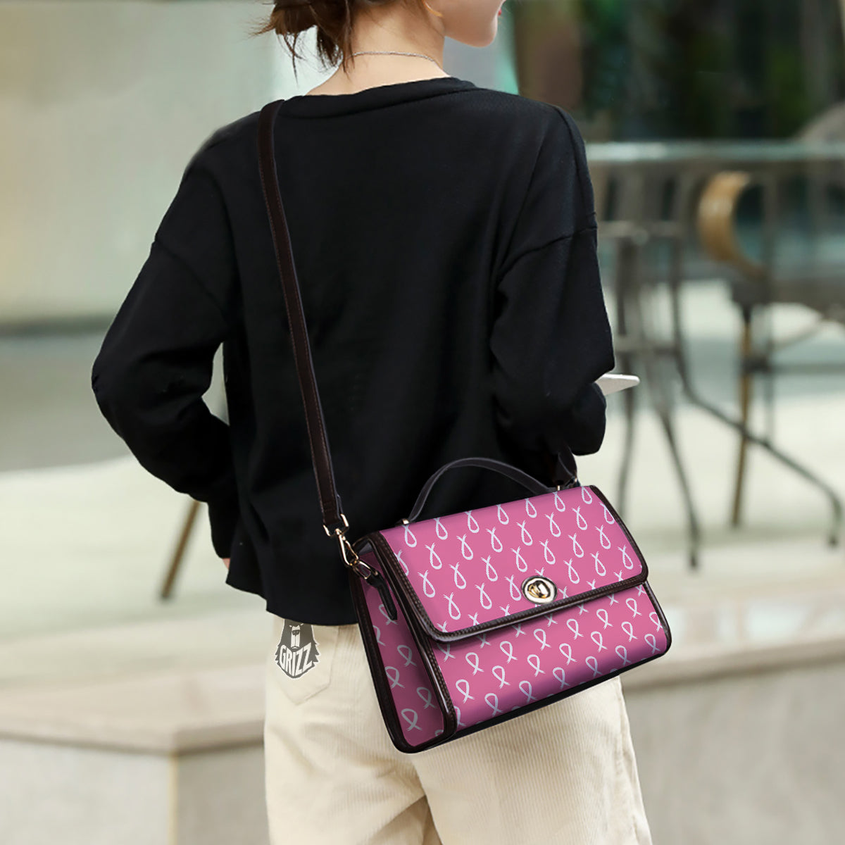 Breast Cancer Pink And White Print Pattern Women's Satchel Bag - Image 3