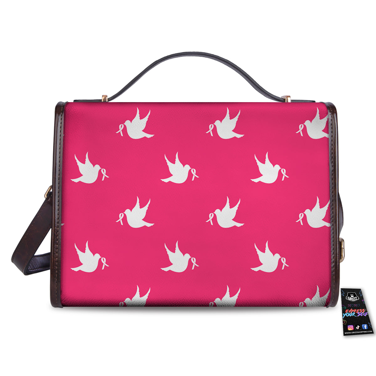 Breast Cancer White Dove Print Pattern Women's Satchel Bag - Image 2