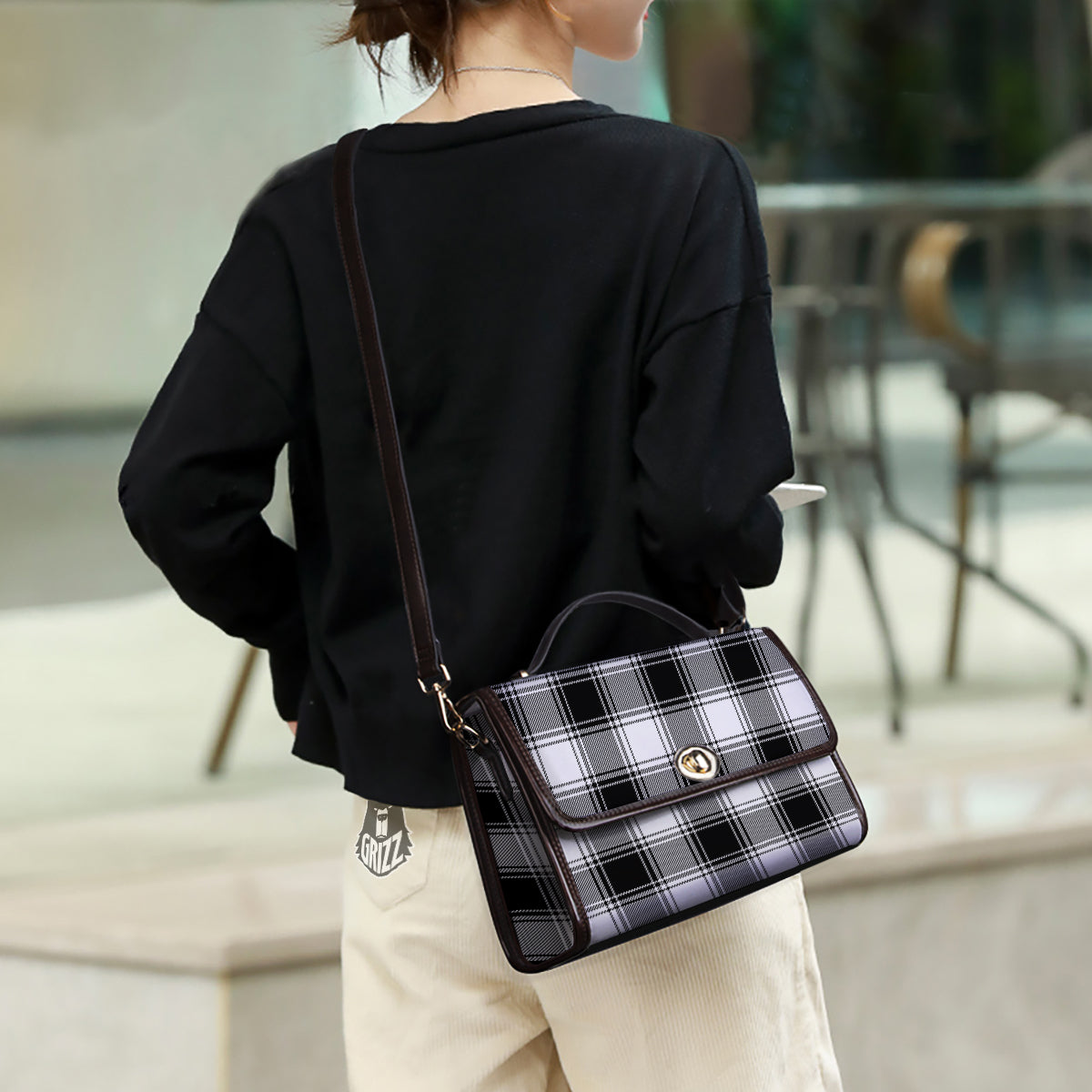 Border Tartan White And Black Print Pattern Women's Satchel Bag - Image 3