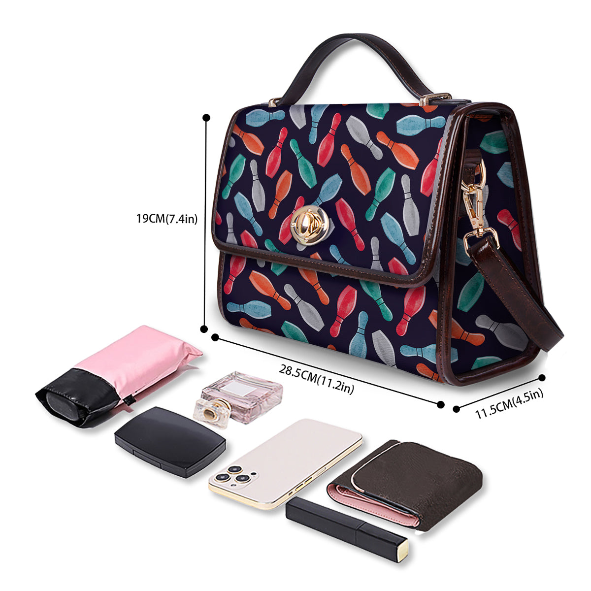 Bowling Pins Watercolor Print Pattern Women's Satchel Bag - Image 4