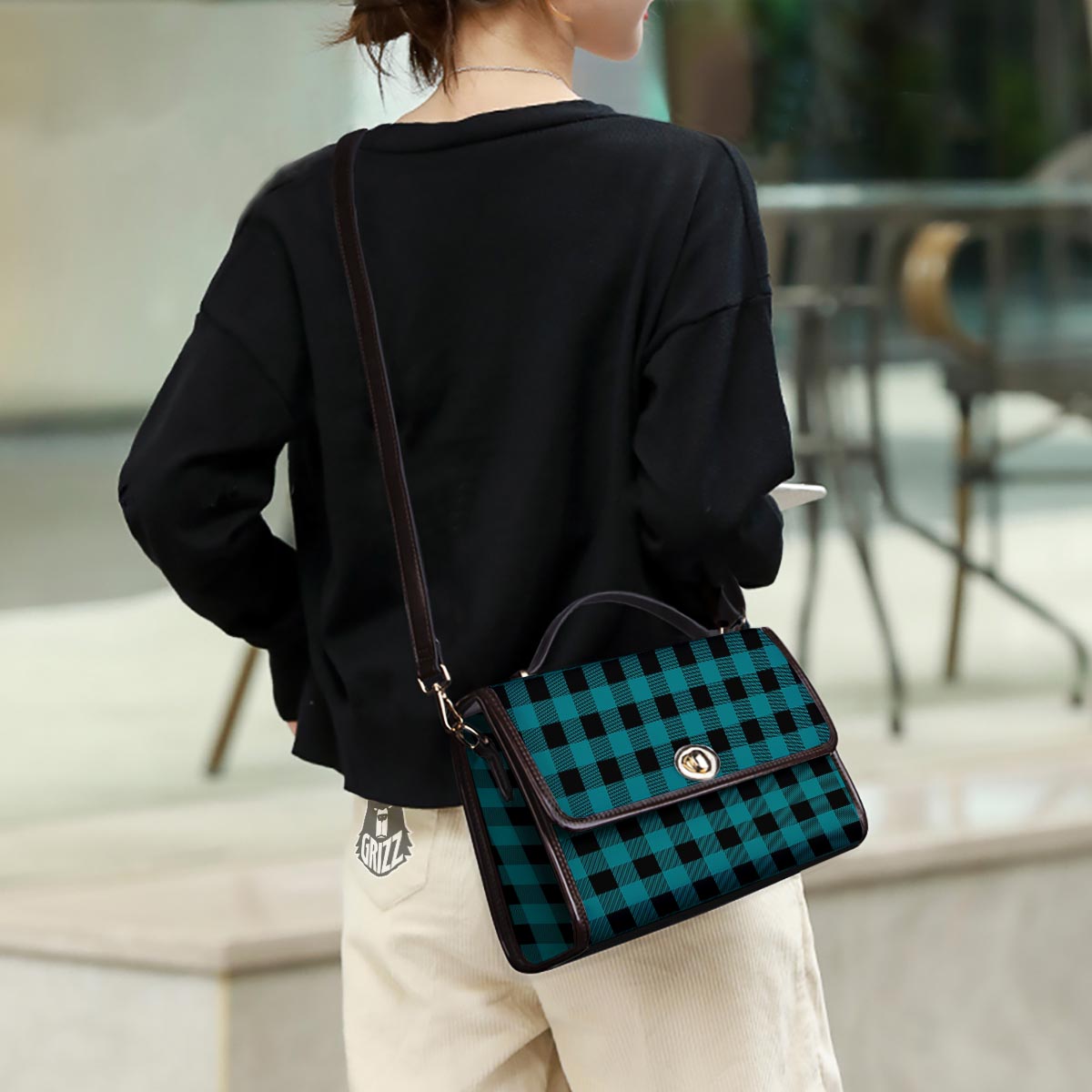 Buffalo Check Black And Teal Print Pattern Women's Satchel Bag - Image 3