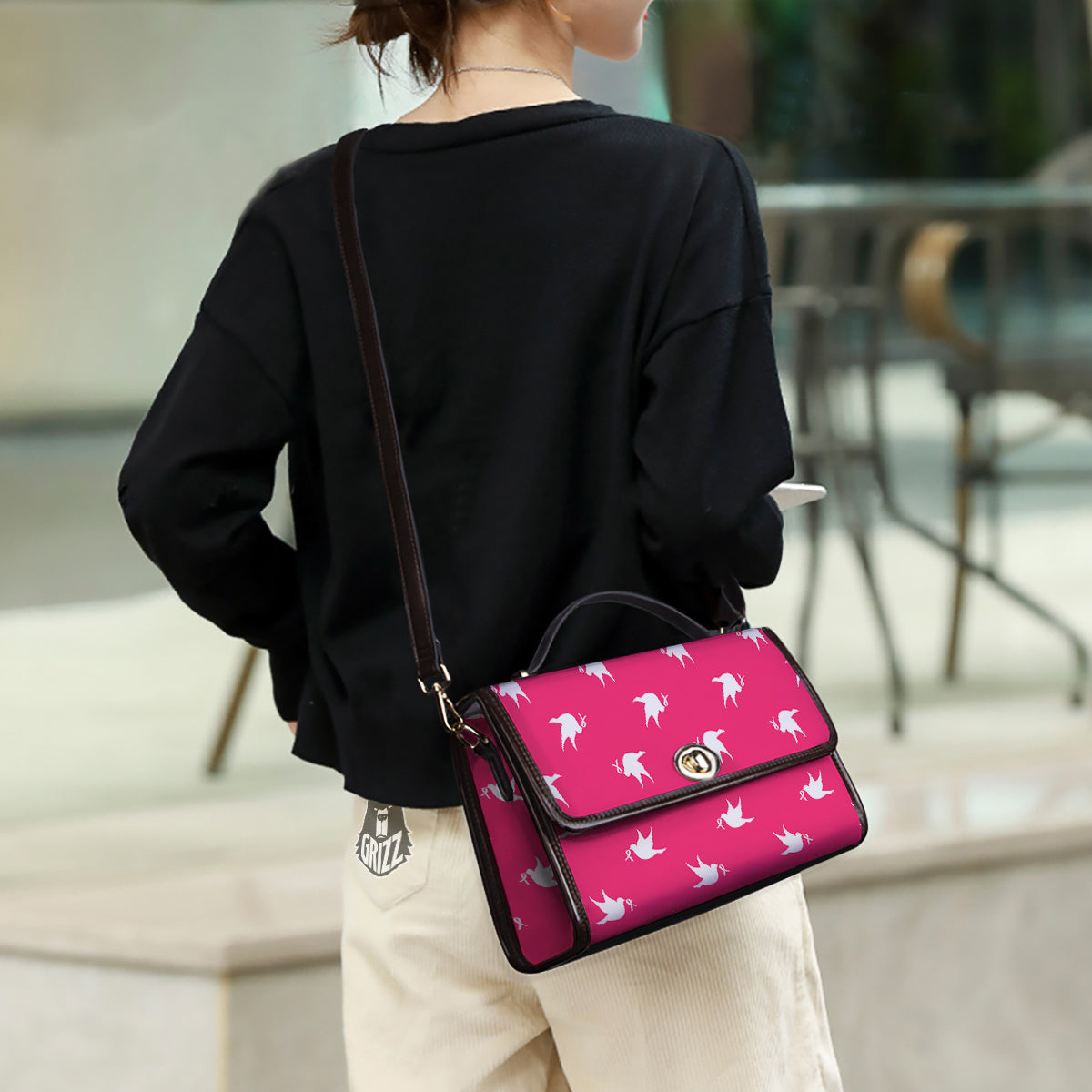 Breast Cancer White Dove Print Pattern Women's Satchel Bag - Image 3