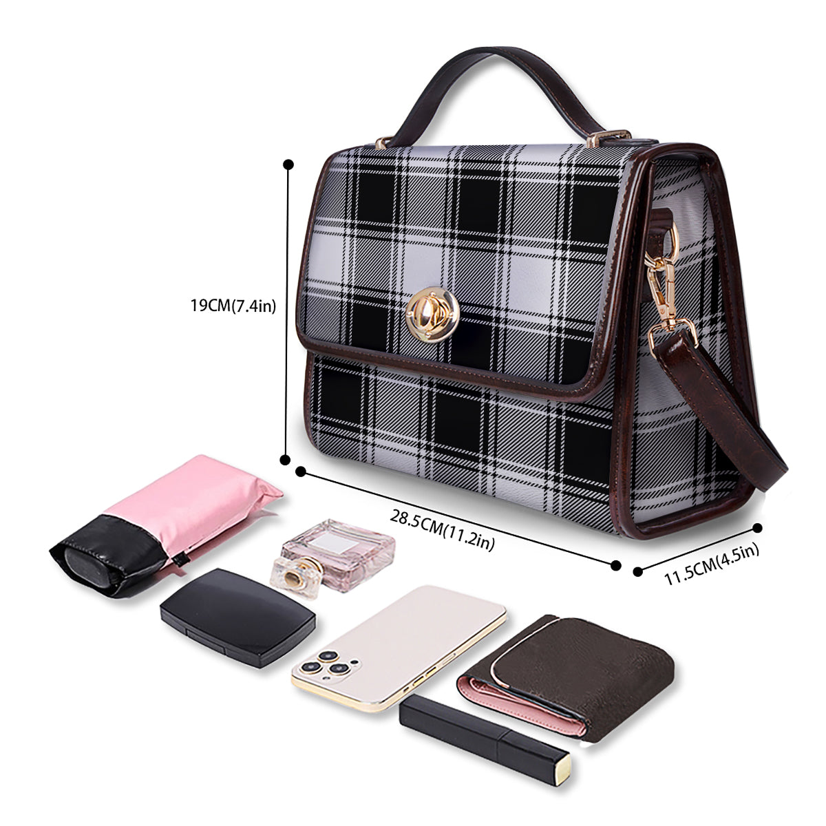 Border Tartan White And Black Print Pattern Women's Satchel Bag - Image 4