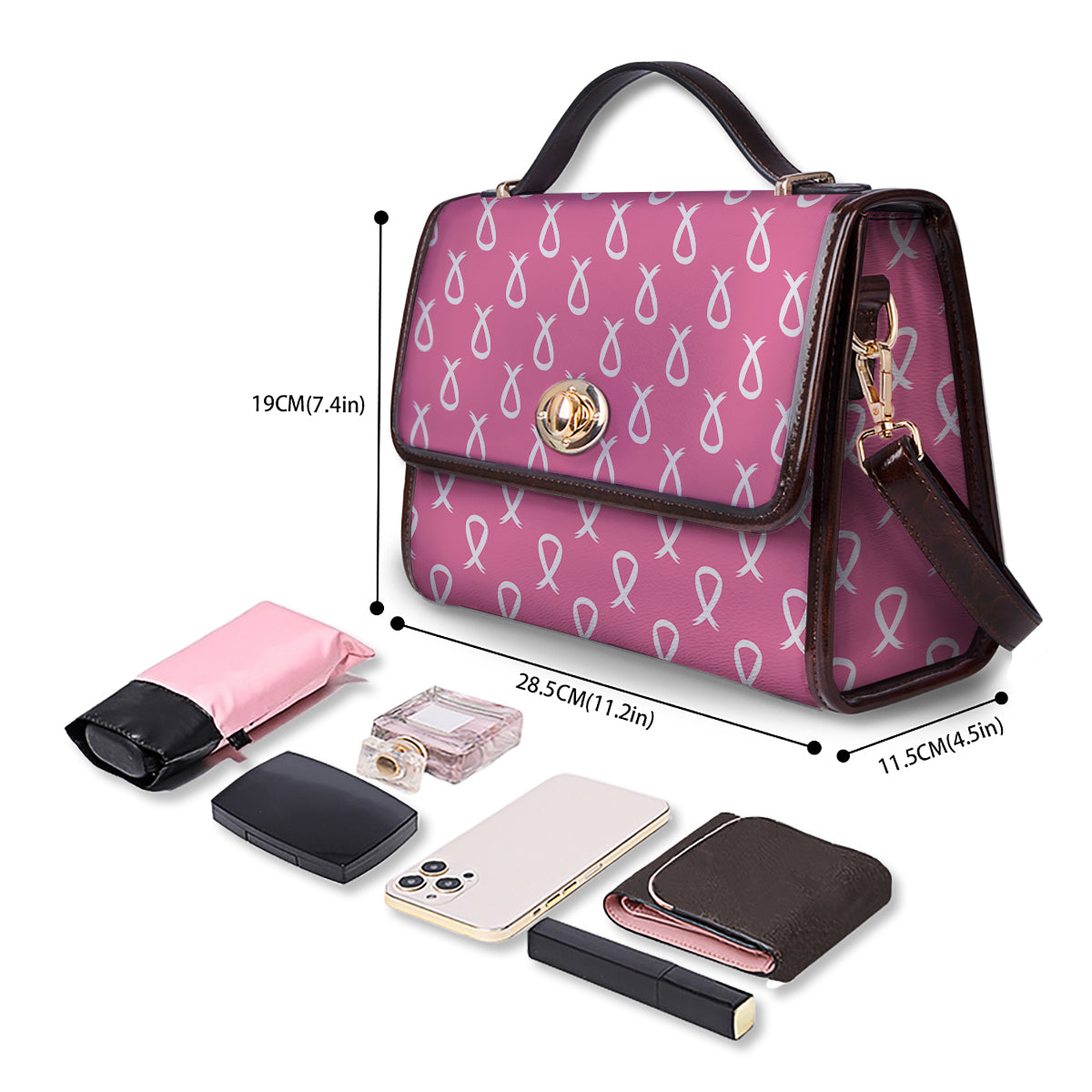 Breast Cancer Pink And White Print Pattern Women's Satchel Bag - Image 4