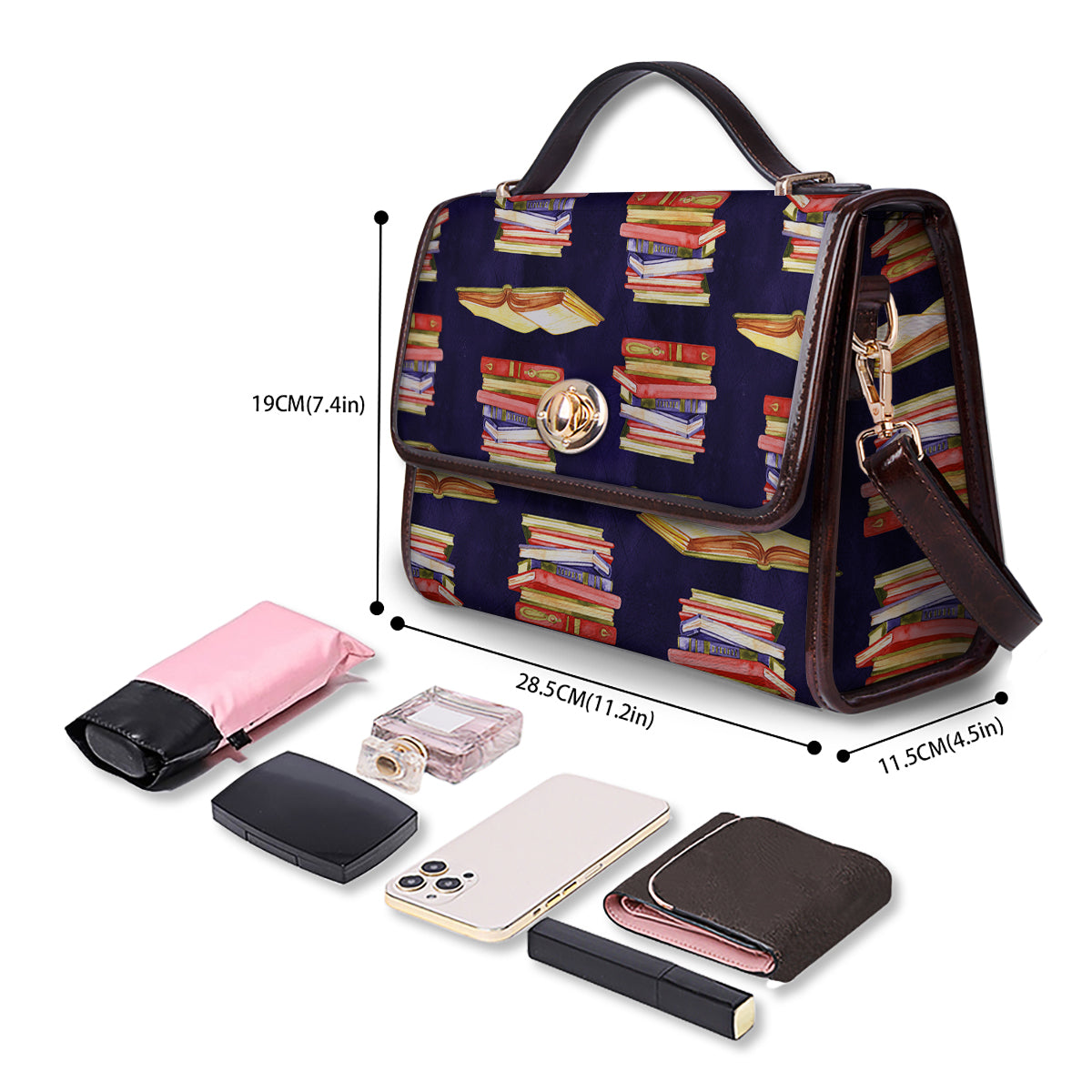 Bookshelf Watercolor Print Pattern Women's Satchel Bag - Image 4