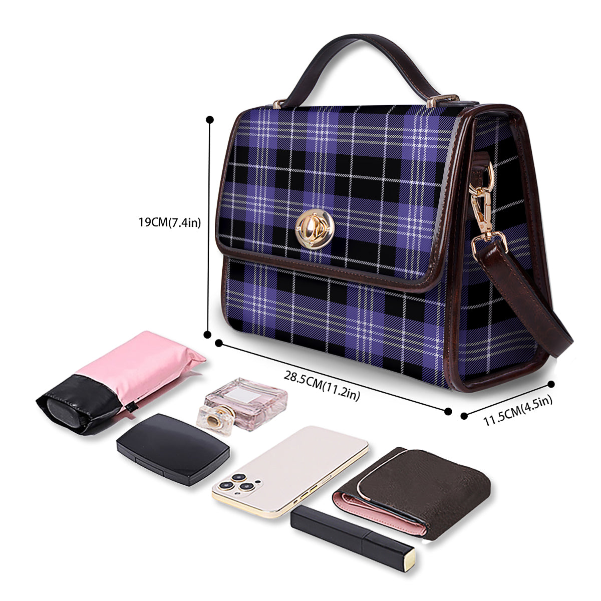 Buffalo Check Black And Violet Print Pattern Women's Satchel Bag - Image 4