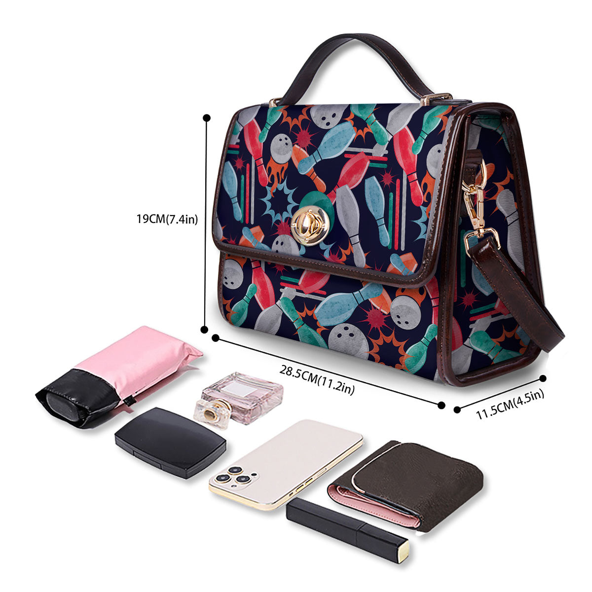 Bowling Theme Watercolor Print Pattern Women's Satchel Bag - Image 4