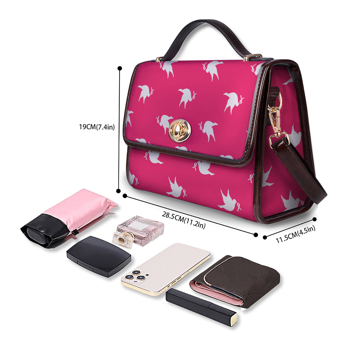 Breast Cancer White Dove Print Pattern Women's Satchel Bag - Image 4
