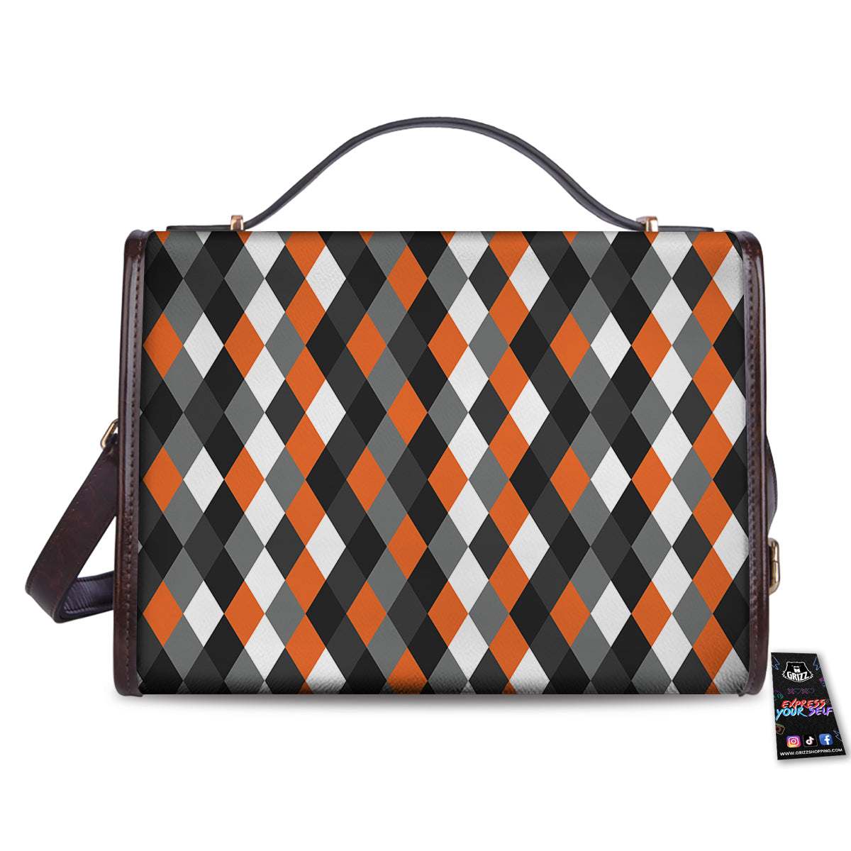 Black White And Orange Harlequin Print Pattern Women's Satchel Bag - Image 2