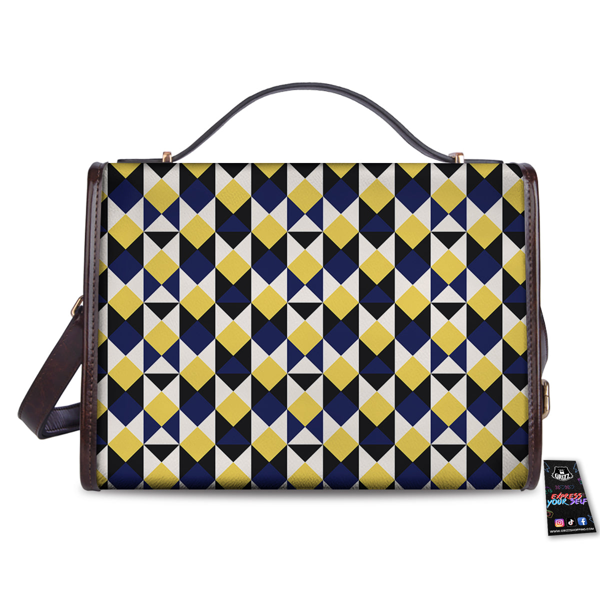 Black Argyle And Blue Yellow Print Pattern Women's Satchel Bag - Image 2
