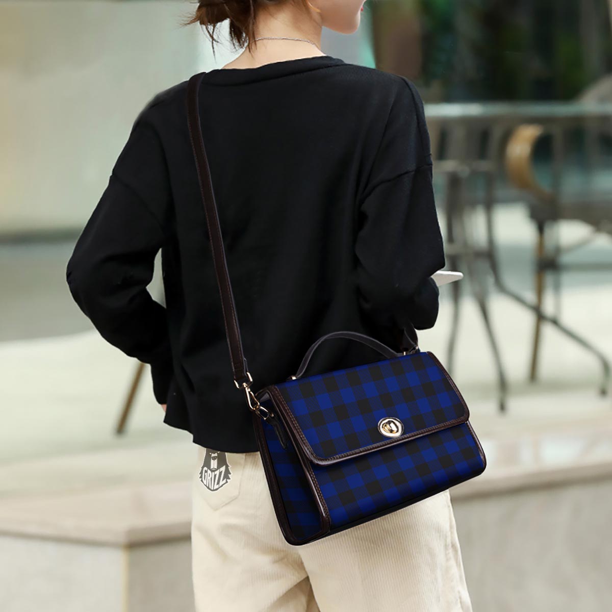 Blue And Black Steel Buffalo Check Print Pattern Women's Satchel Bag - Image 3