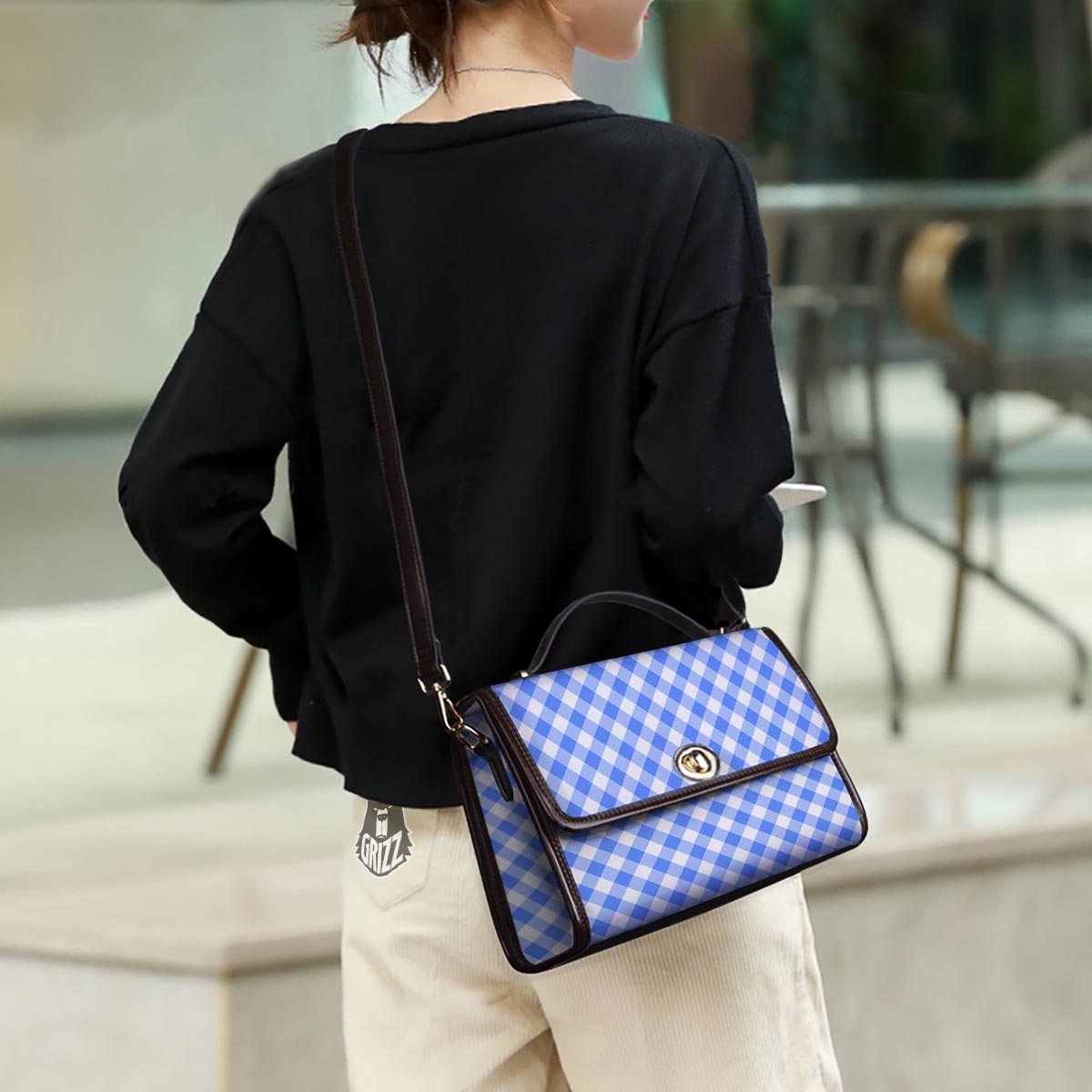 Blue Steel And White Gingham Print Pattern Women's Satchel Bag - Image 3