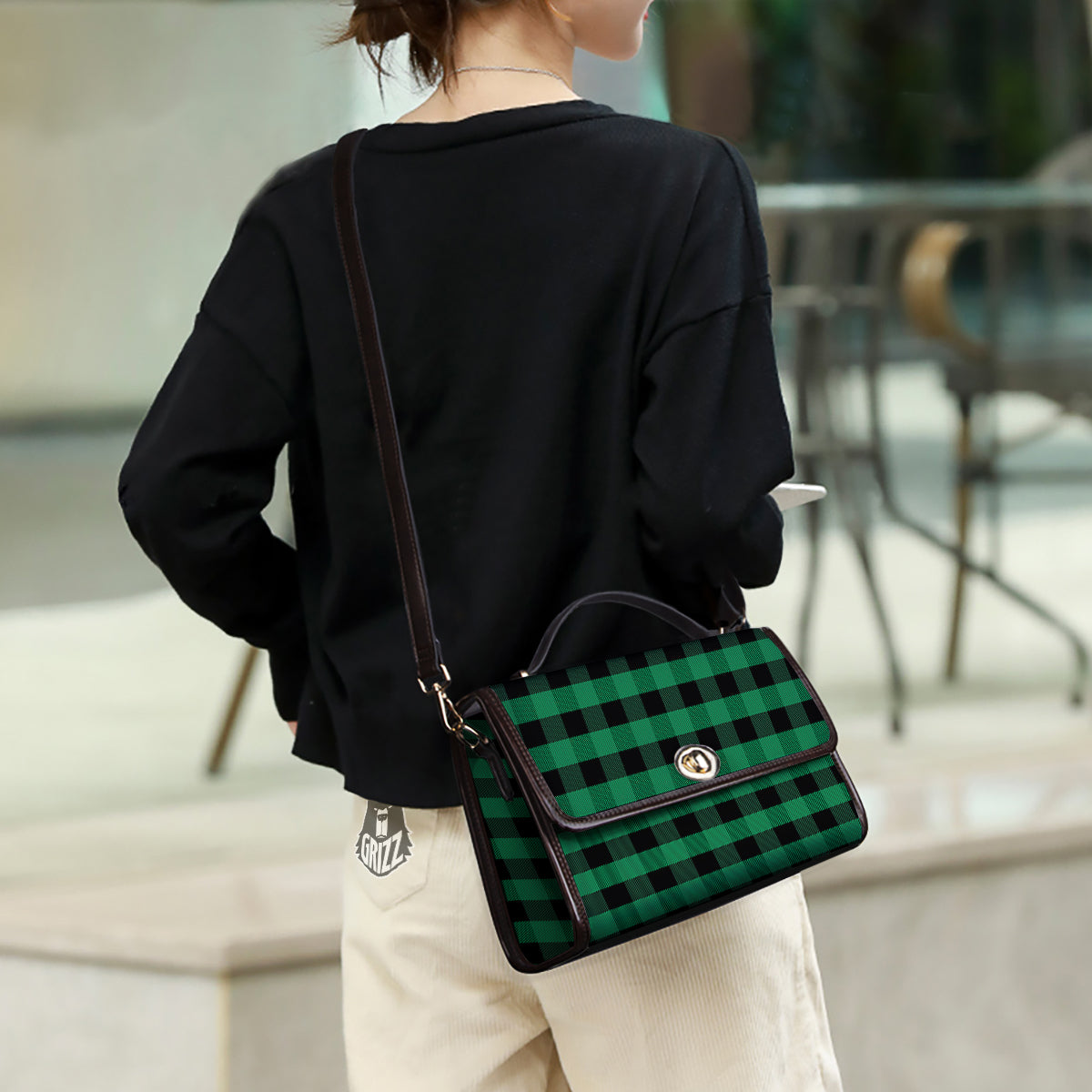 Black Green Buffalo Check And UFO Print Pattern Women's Satchel Bag - Image 3