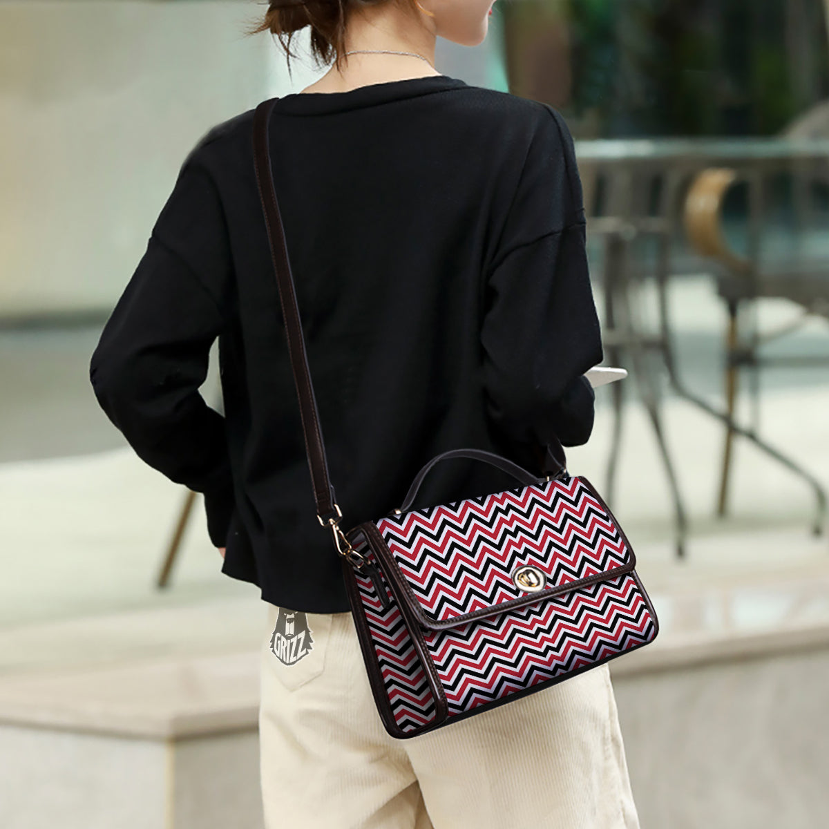 Black White And Red Chevron Print Pattern Women's Satchel Bag - Image 3