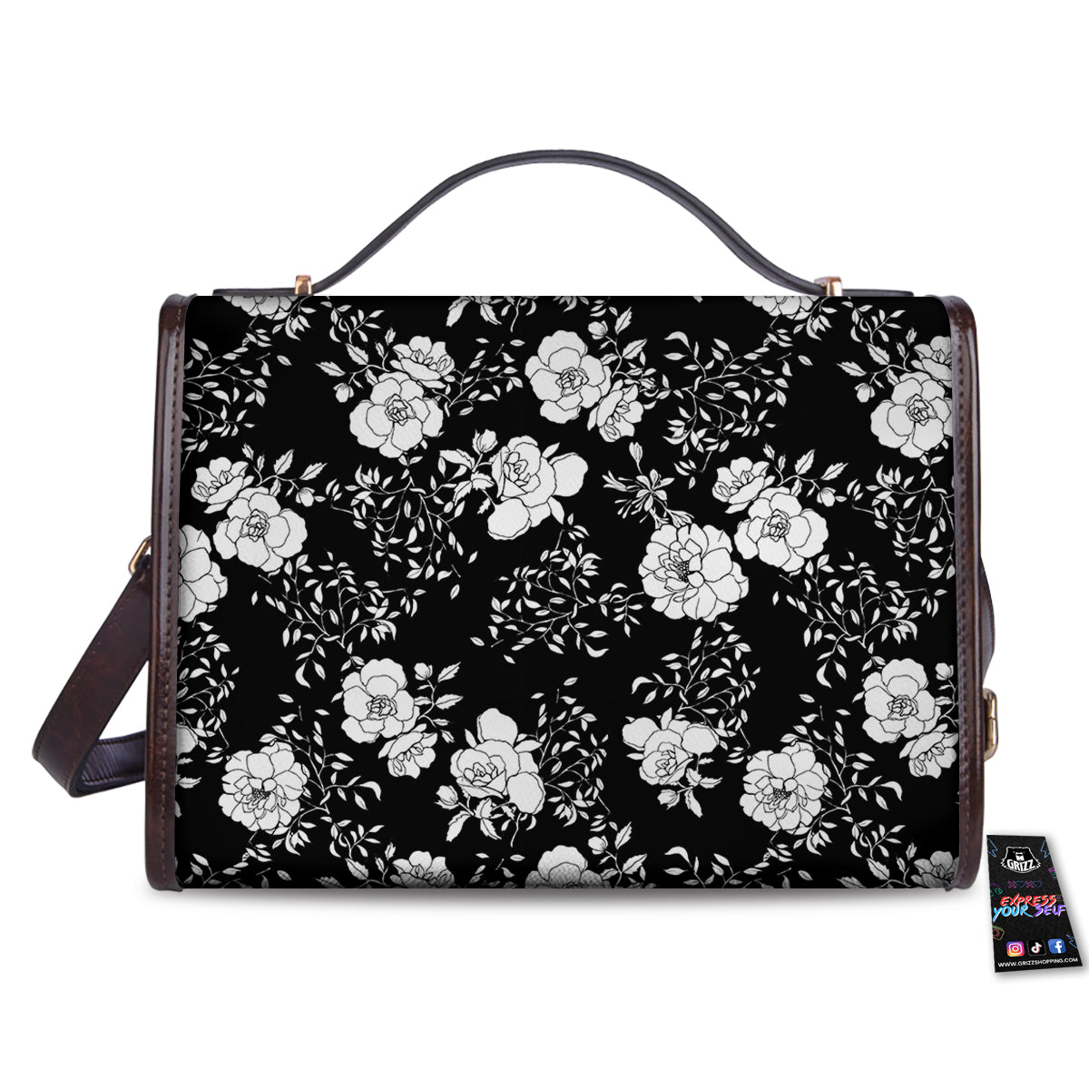 Black Vintage And White Floral Print Pattern Women's Satchel Bag - Image 2