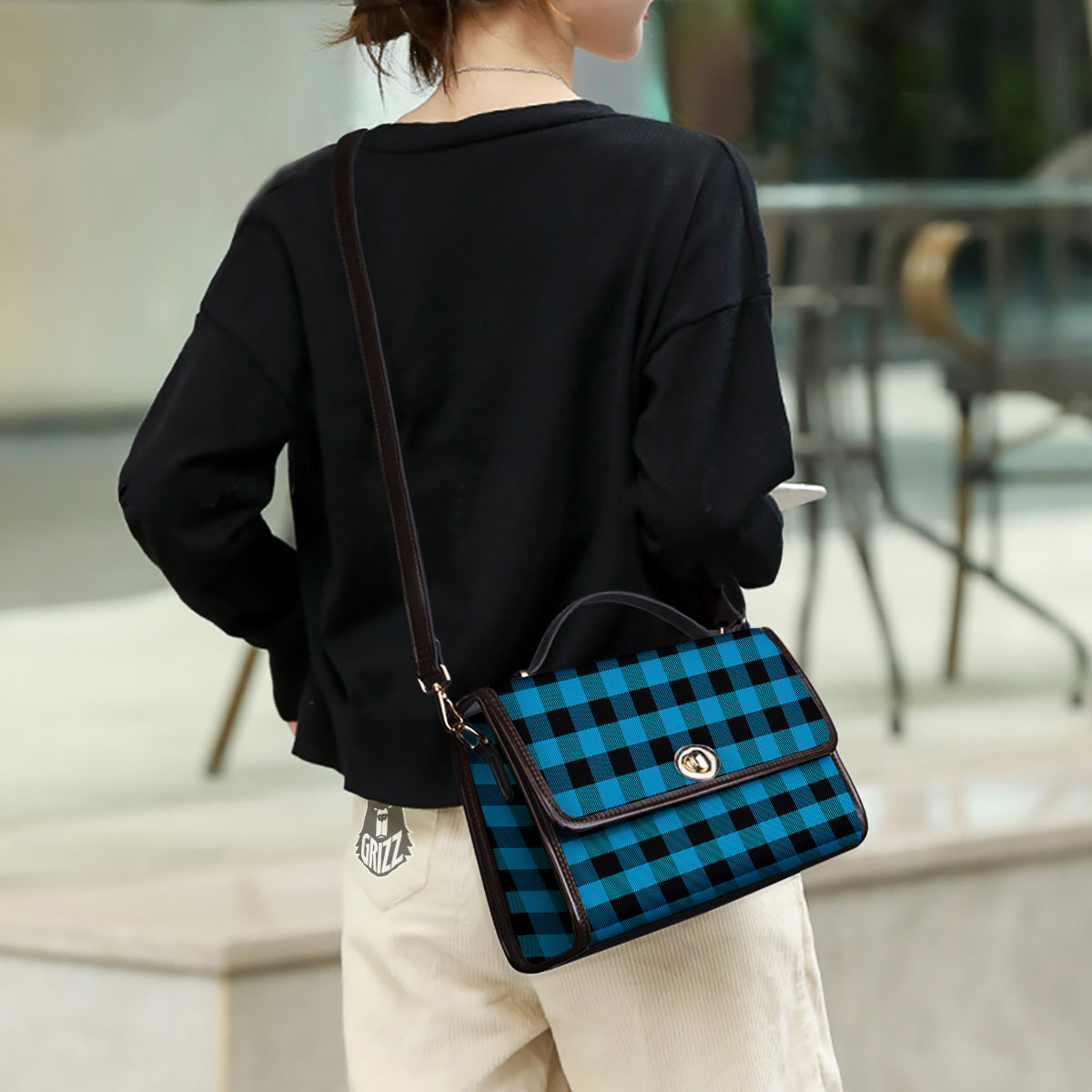 Black And Turquoise Check Print Pattern Women's Satchel Bag - Image 3