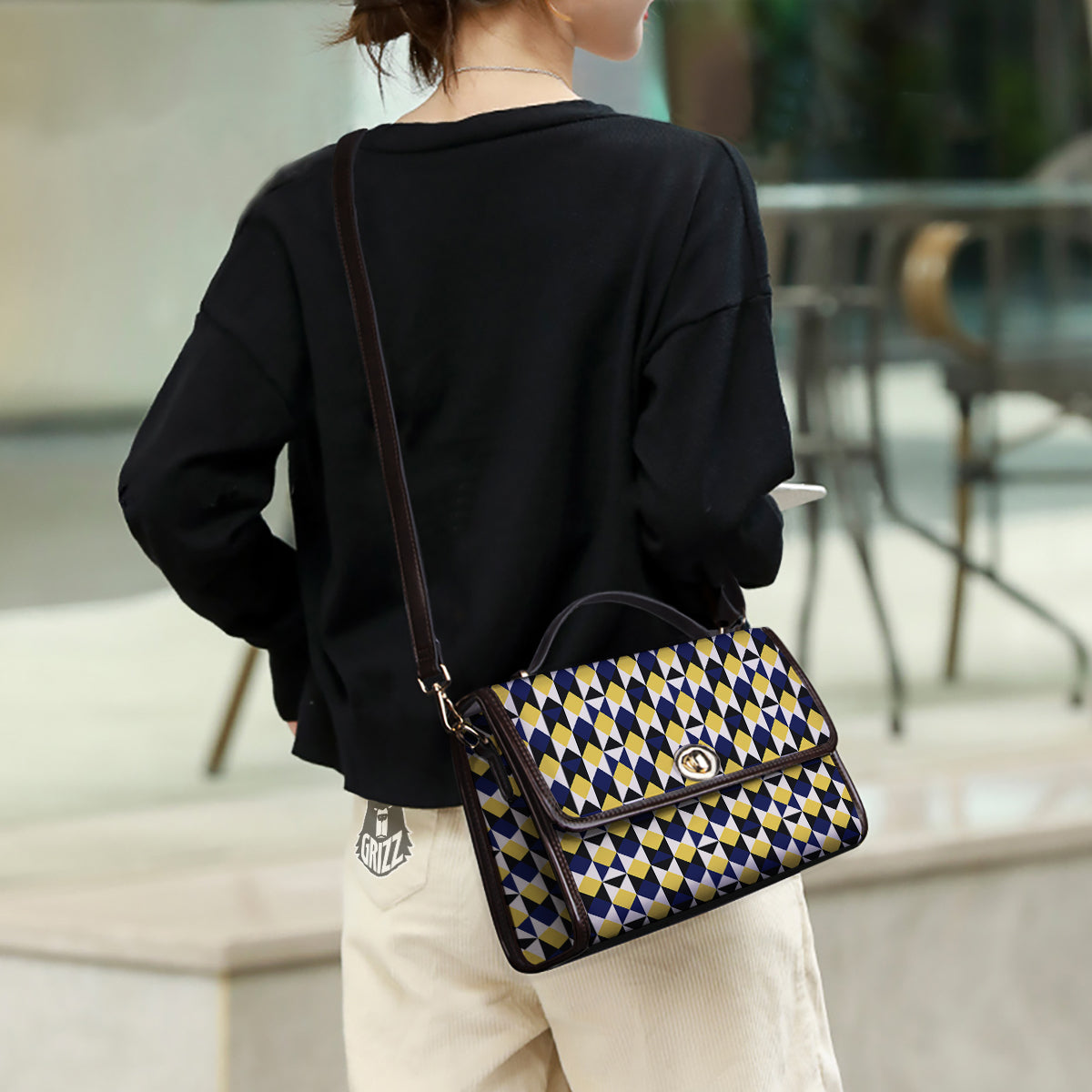 Black Argyle And Blue Yellow Print Pattern Women's Satchel Bag - Image 3