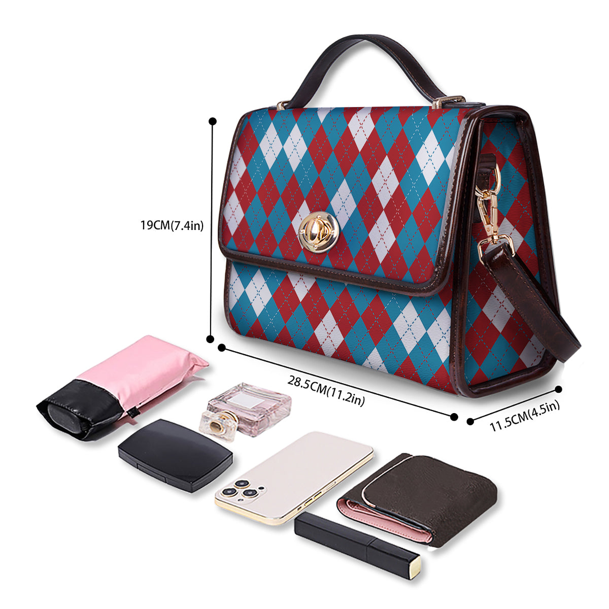 Blue White And Red Argyle Print Pattern Women's Satchel Bag - Image 4