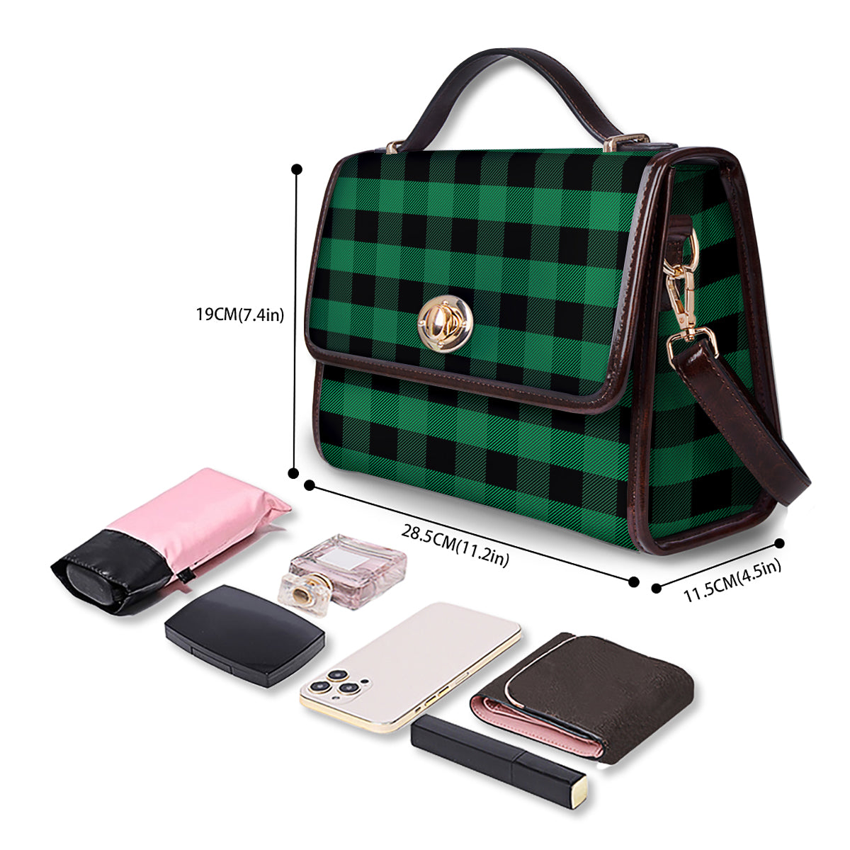 Black Green Buffalo Check And UFO Print Pattern Women's Satchel Bag - Image 4