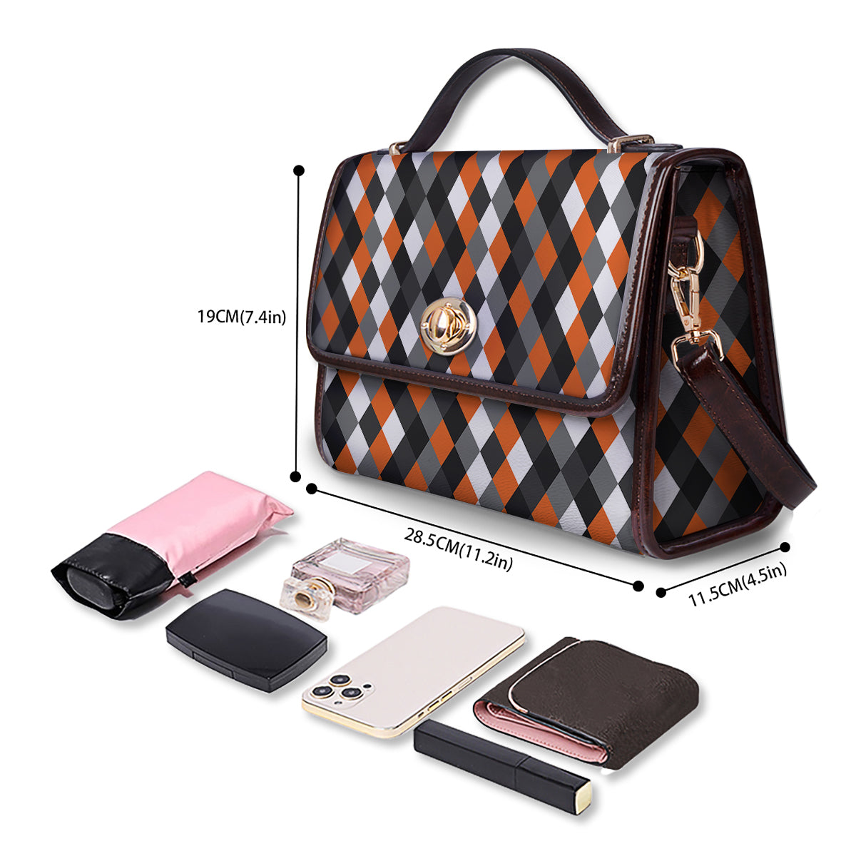 Black White And Orange Harlequin Print Pattern Women's Satchel Bag - Image 4