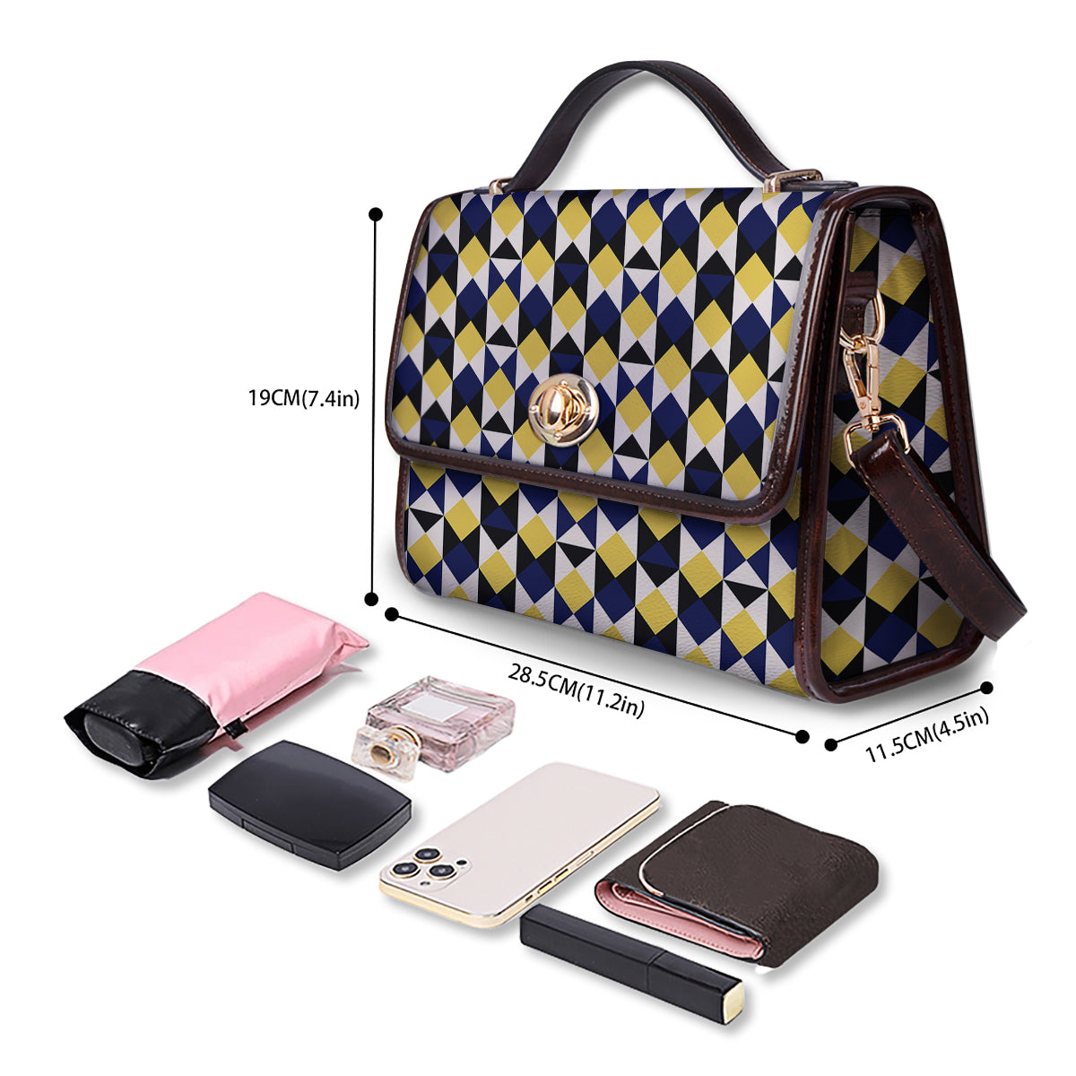 Black Argyle And Blue Yellow Print Pattern Women's Satchel Bag - Image 4