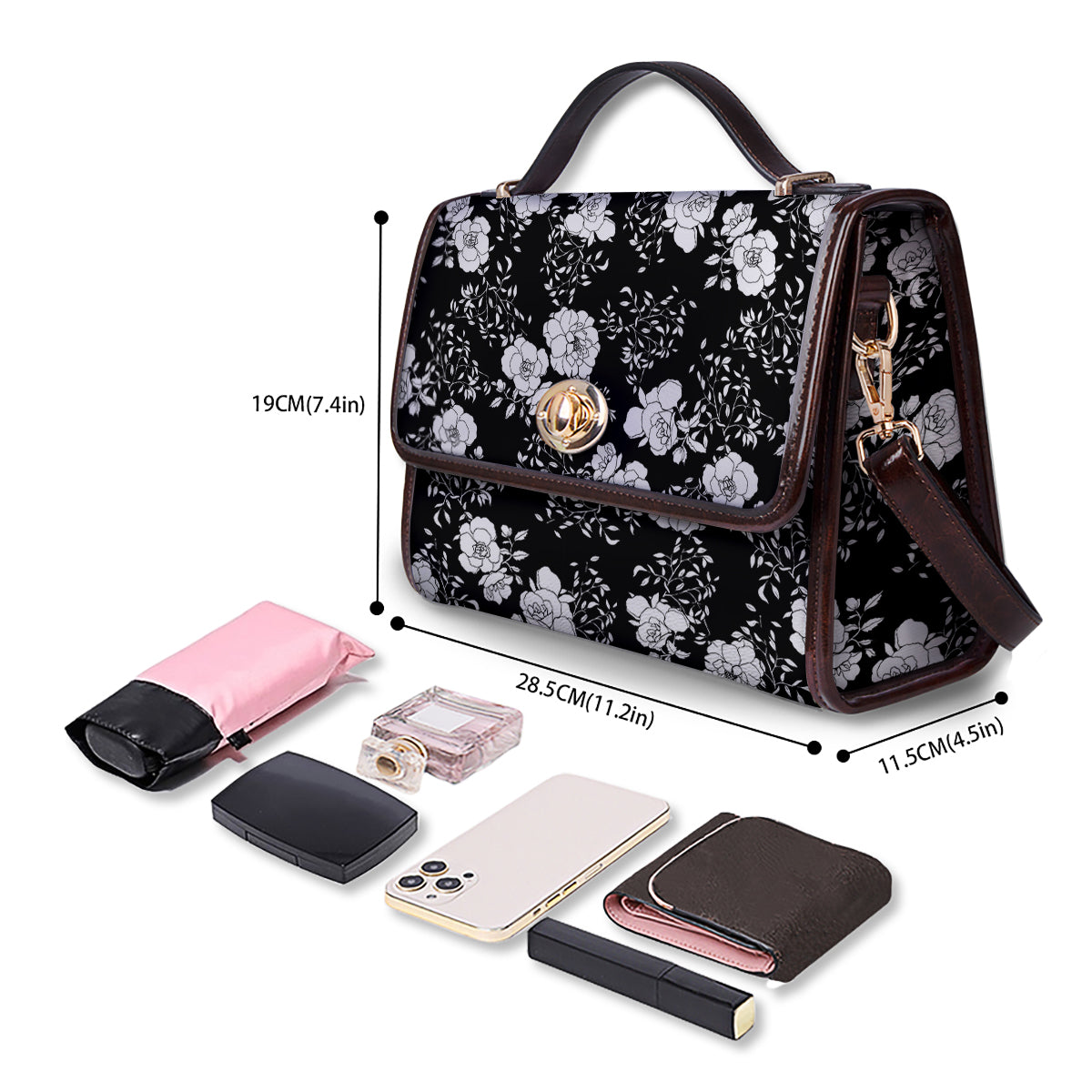 Black Vintage And White Floral Print Pattern Women's Satchel Bag - Image 4