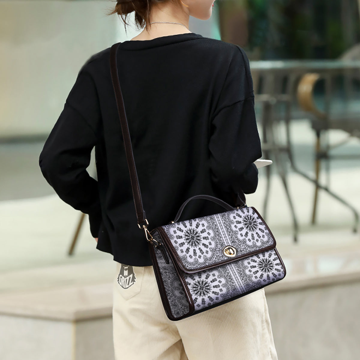 Bandana White And Black Paisley Print Pattern Women's Satchel Bag - Image 3