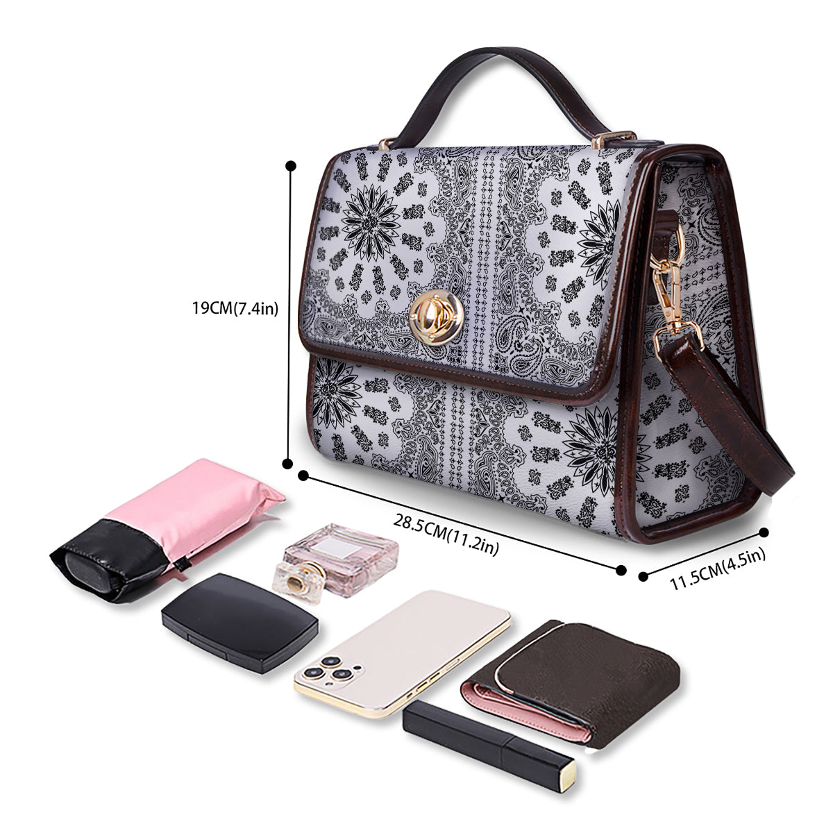 Bandana White And Black Paisley Print Pattern Women's Satchel Bag - Image 4