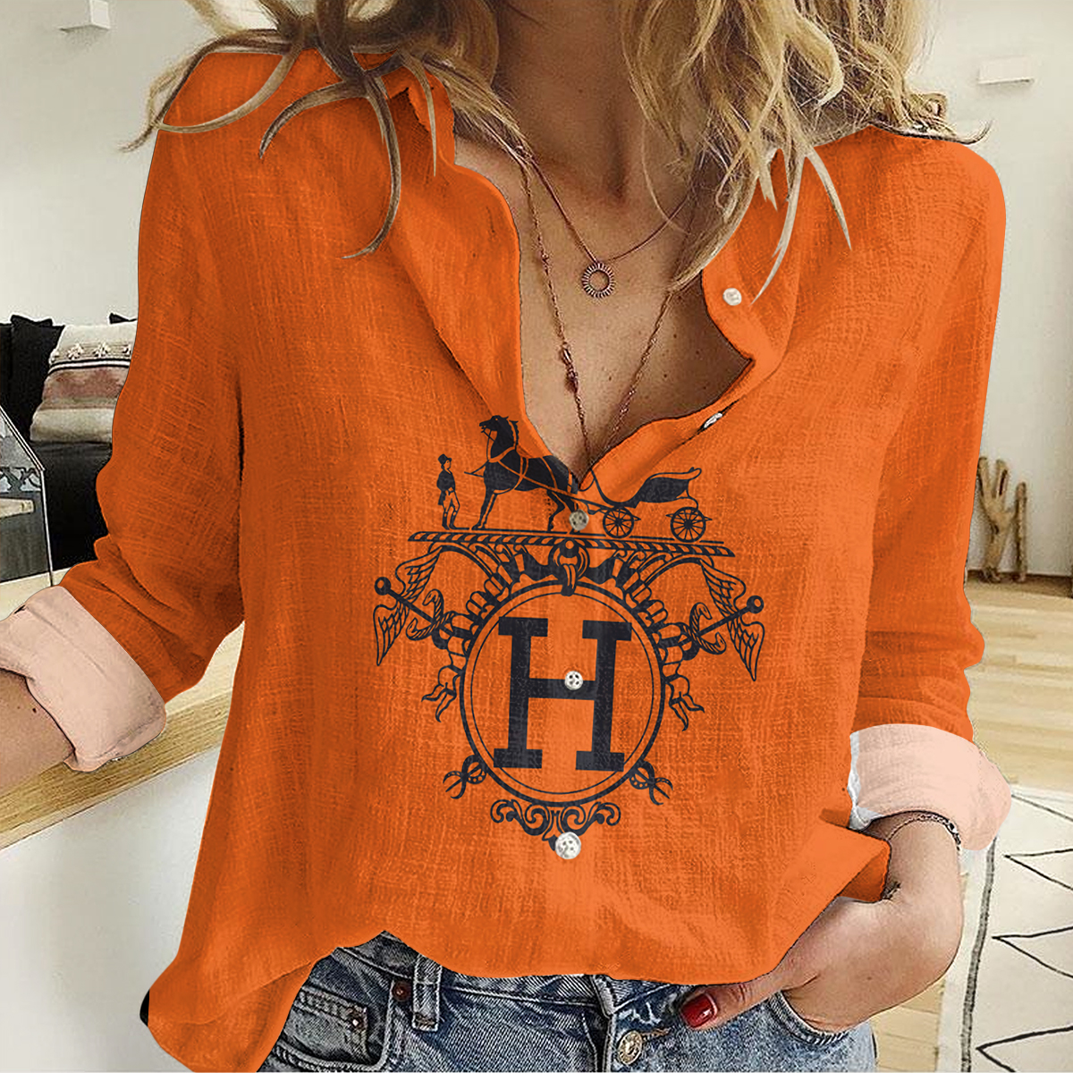 Hermes Women Casual Shirt, Hermes Luxury Casual Shirt Lux 052