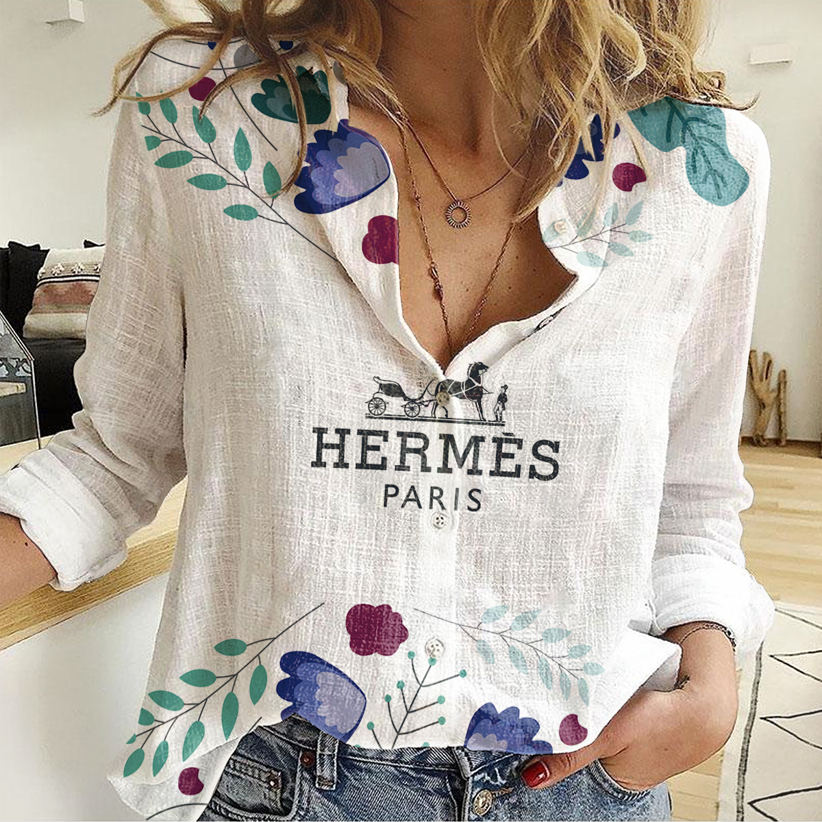 Hermes Women Casual Shirt, Hermes Luxury Casual Shirt Lux 062
