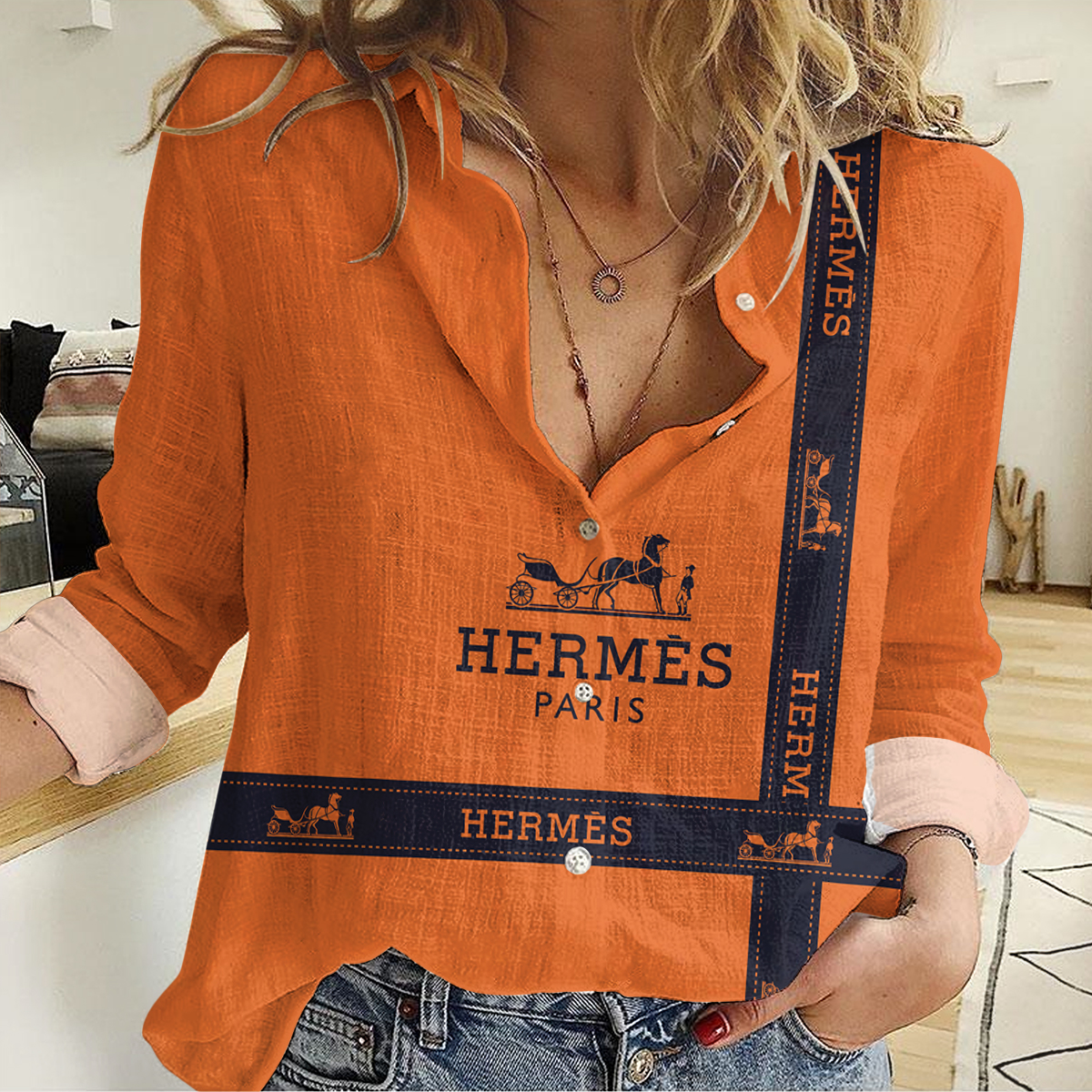 Hermes Women Casual Shirt, Hermes Luxury Casual Shirt Lux 063